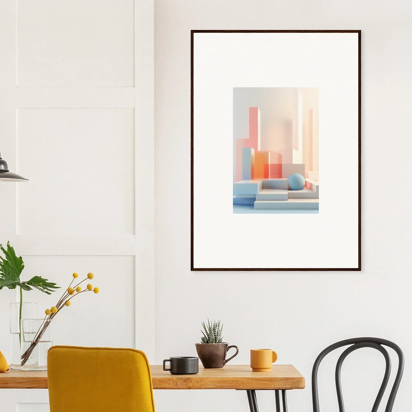 Framed abstract canvas print of soft pastel geometric shapes for room decoration