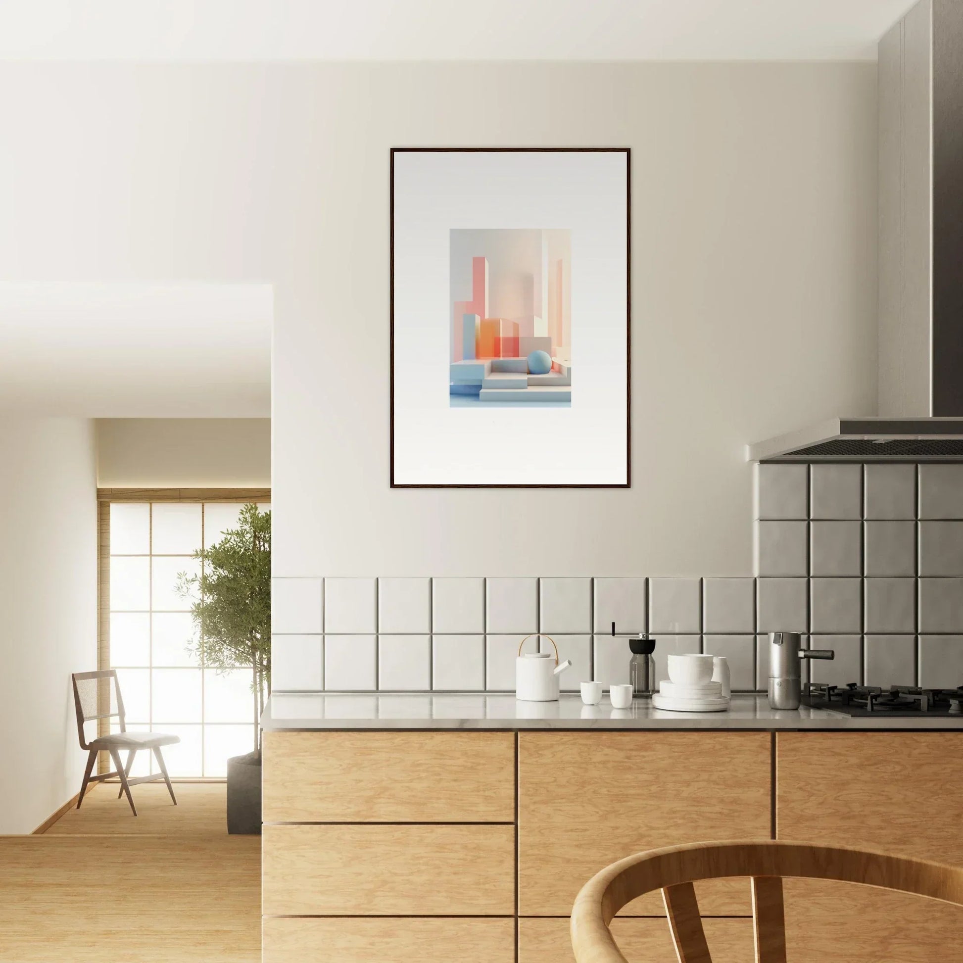 Modern kitchen with wooden cabinets and colorful canvas print for room decoration