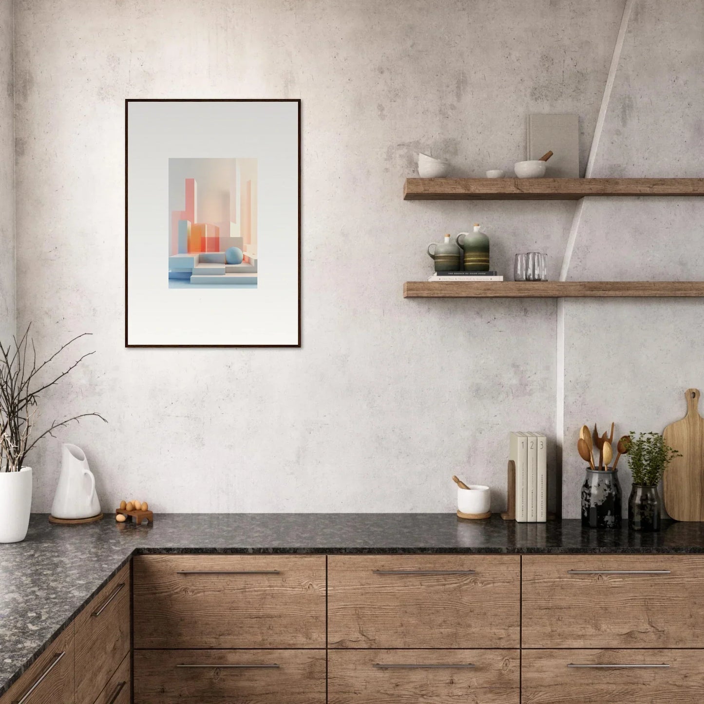 Modern kitchen with wooden cabinets and Tangible Origami canvas print for room decoration