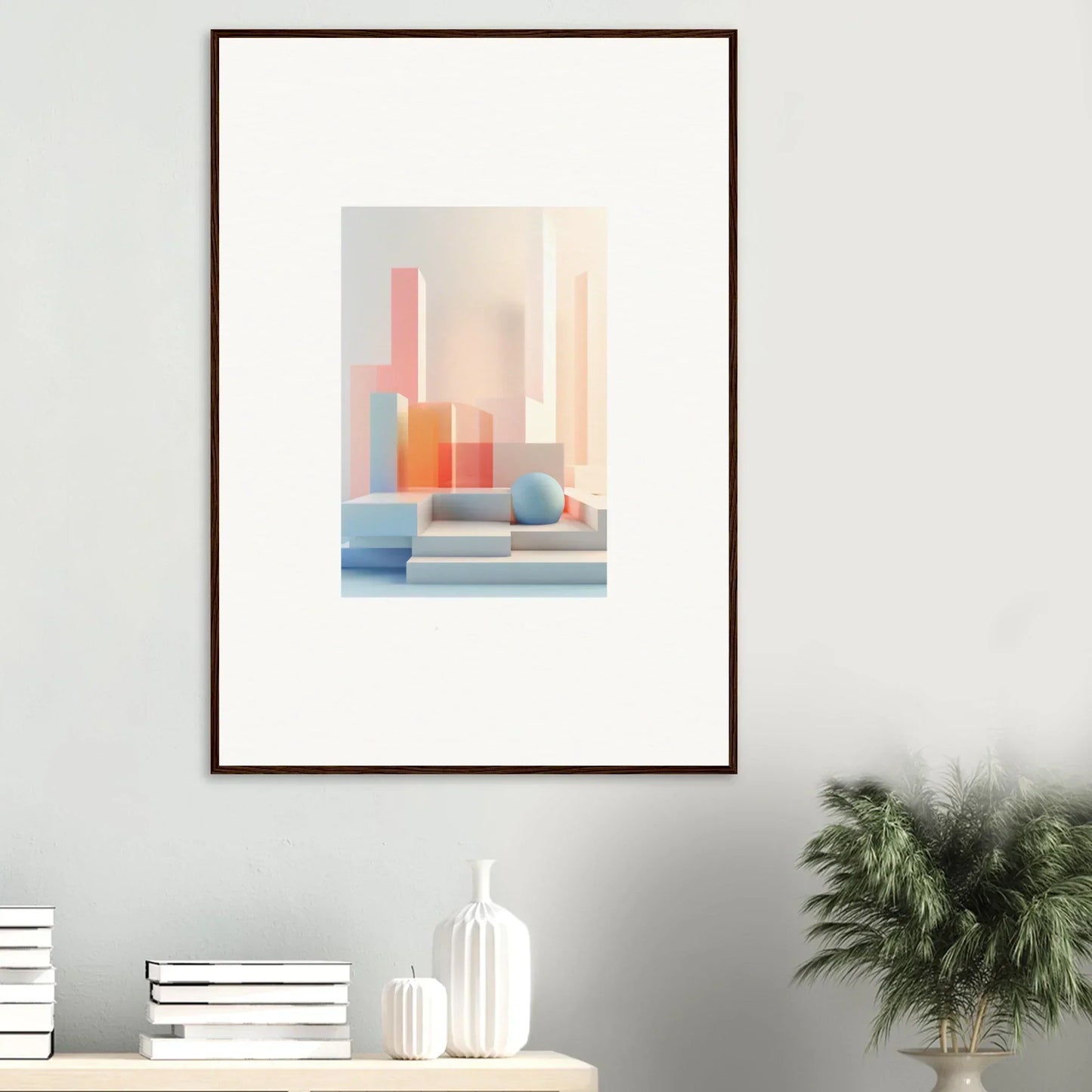 Framed abstract canvas print of pastel geometric shapes for stylish room decoration