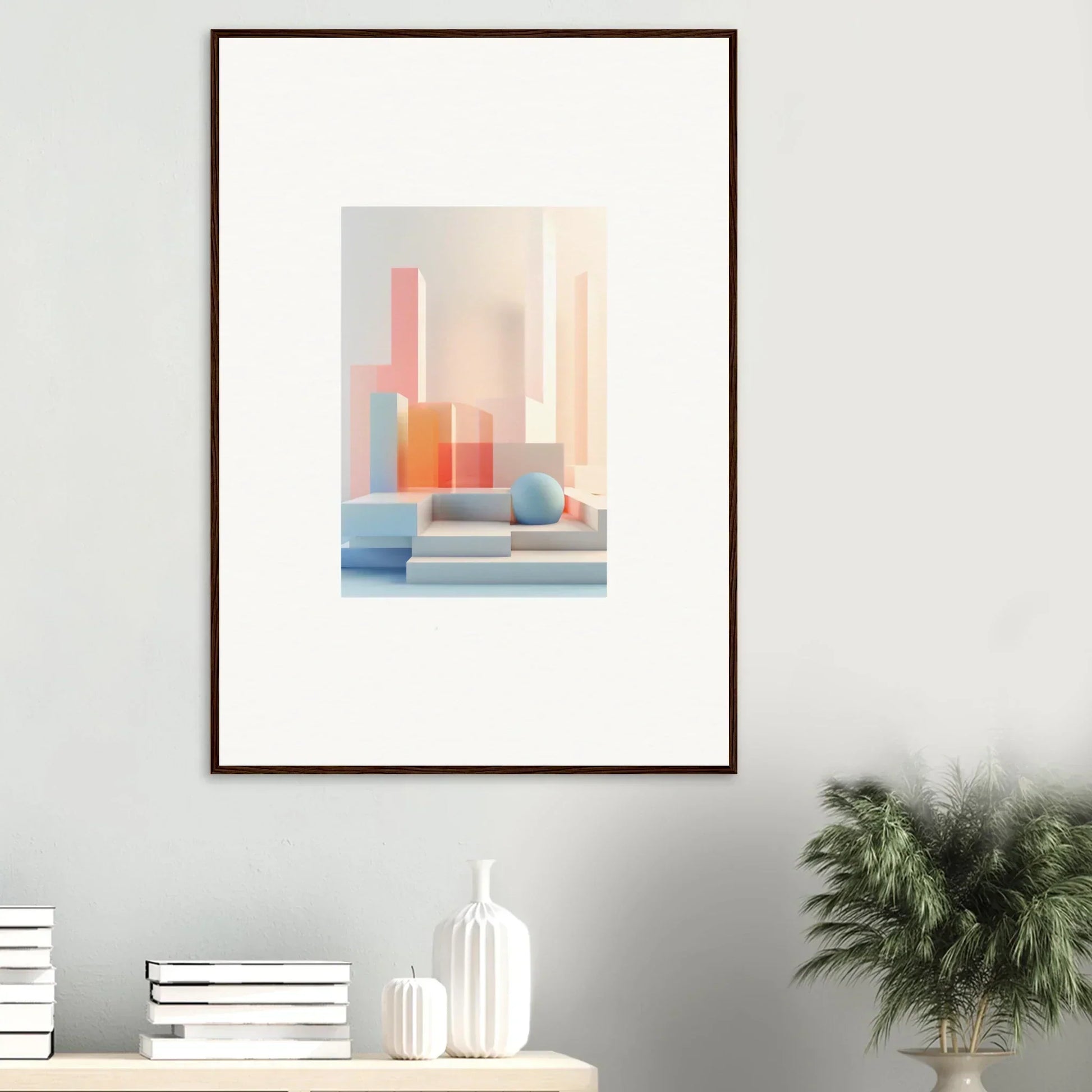 Framed abstract canvas print of pastel geometric shapes for stylish room decoration