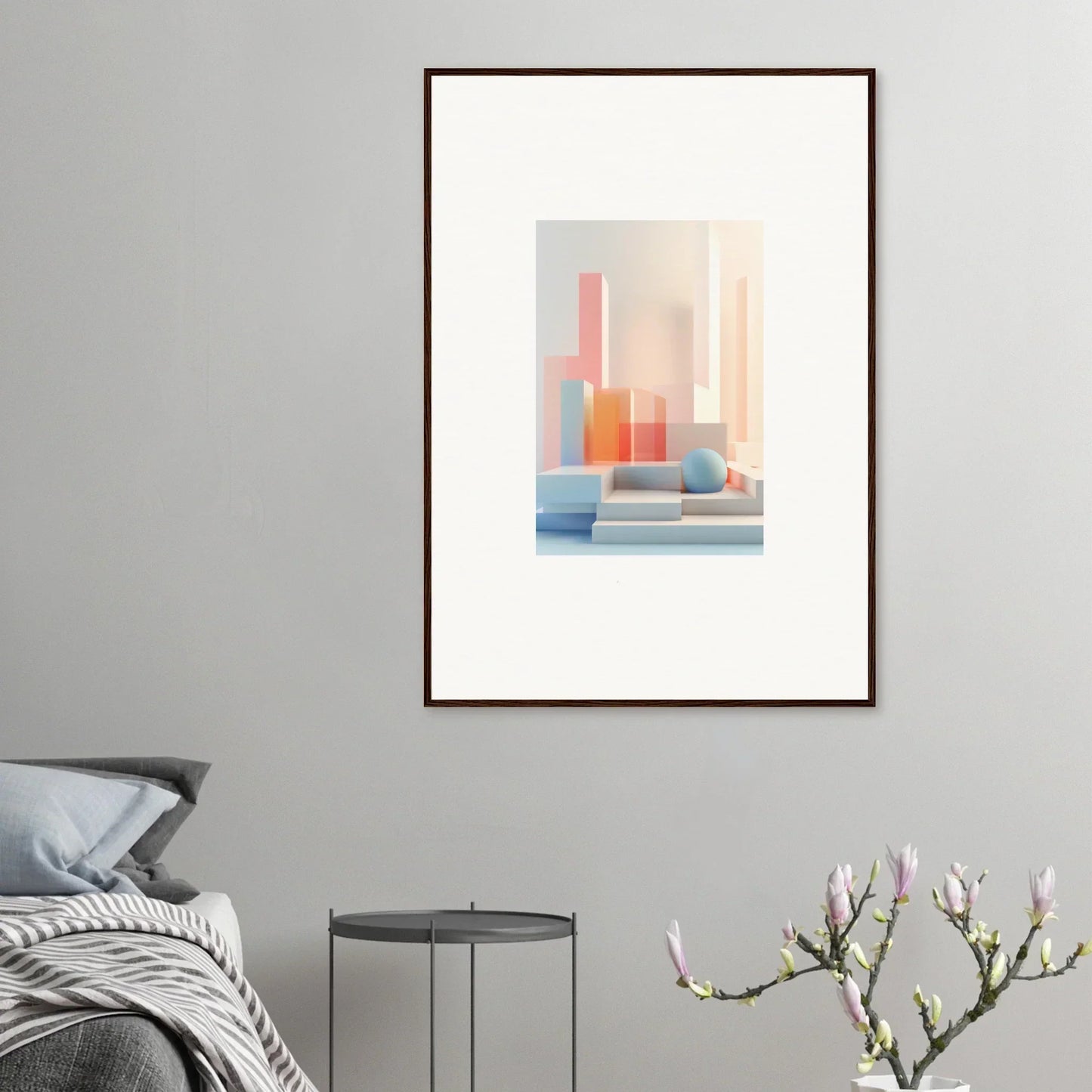 Framed abstract geometric canvas print in soft pastels for stylish room decoration
