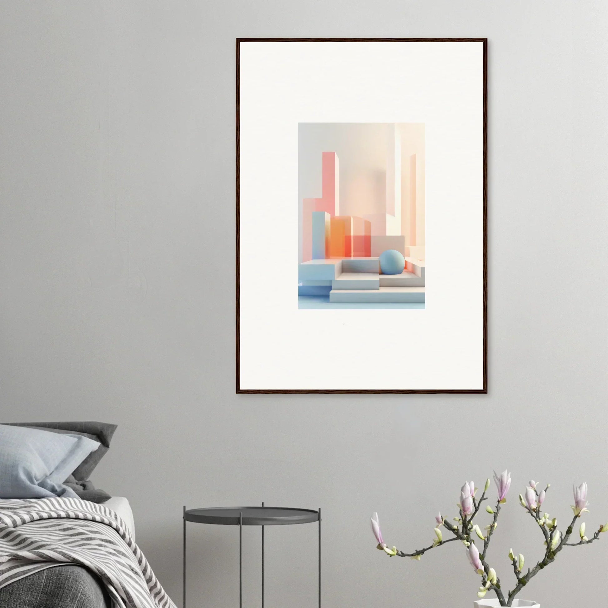 Framed abstract geometric canvas print in soft pastels for stylish room decoration