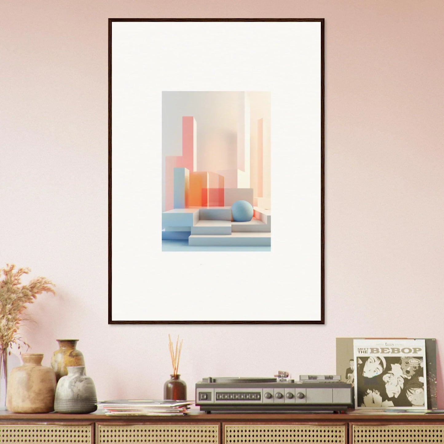 Framed abstract canvas print with pastel geometric shapes for cool room decoration