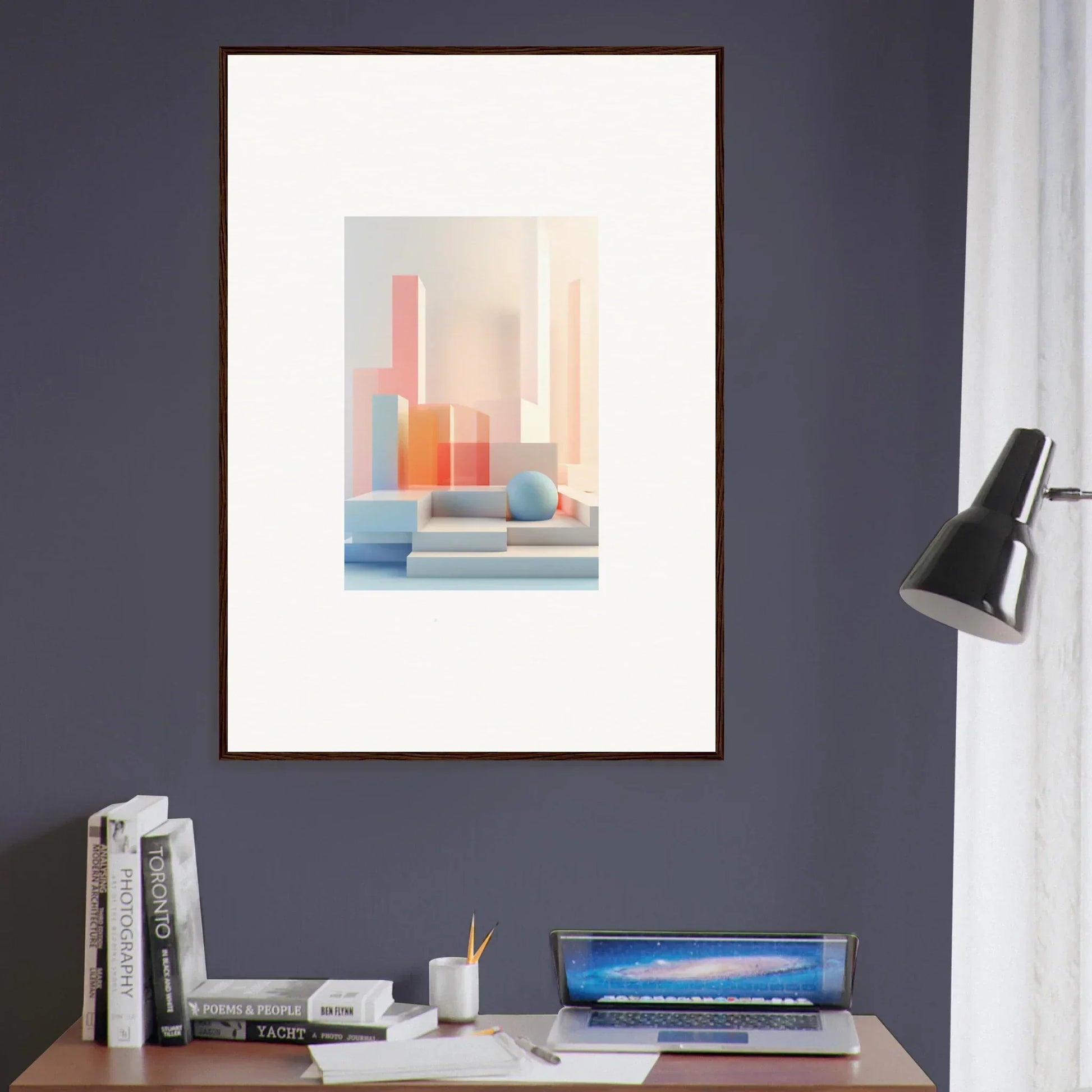 Framed pastel abstract geometric canvas print for room decoration and tangible origami vibes