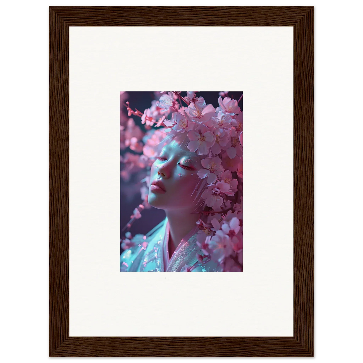 Framed canvas print of a person’s profile surrounded by cherry blossoms vulgarity
