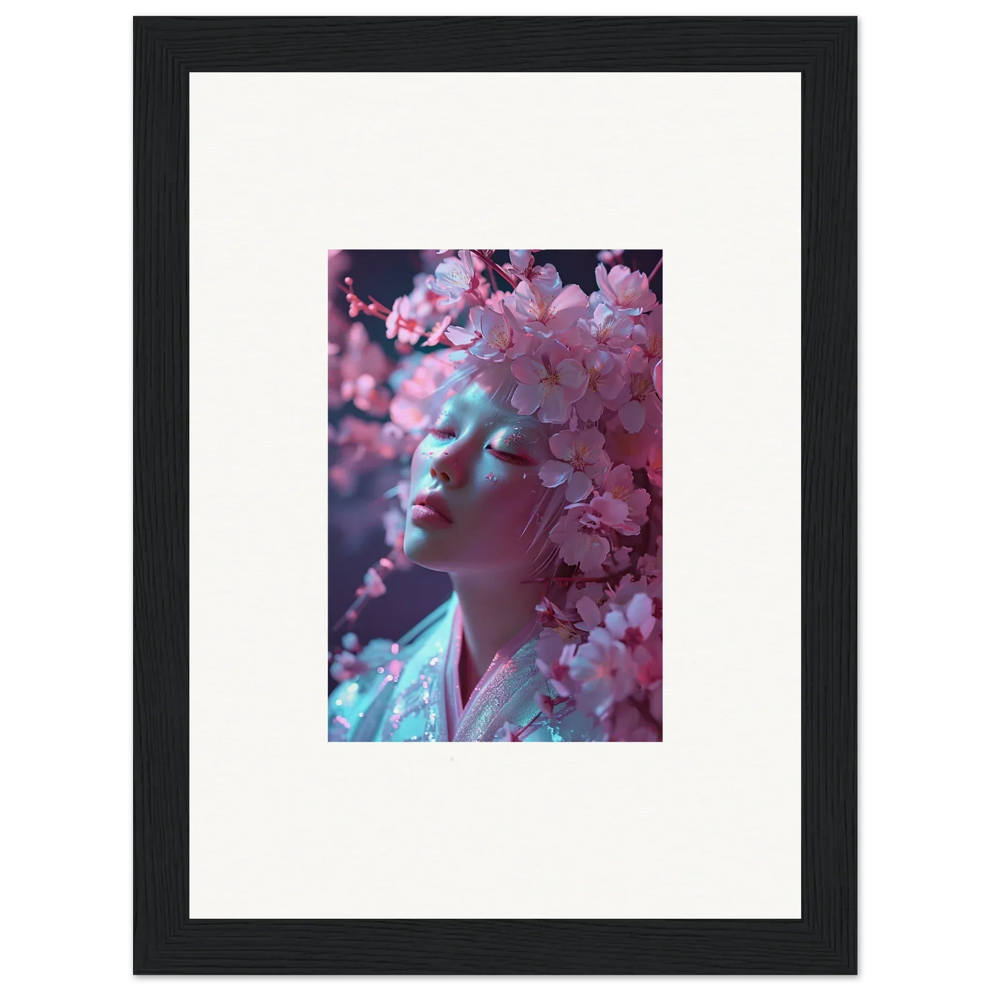 Framed canvas print of a person among pink blossoms vulgarity for room decoration