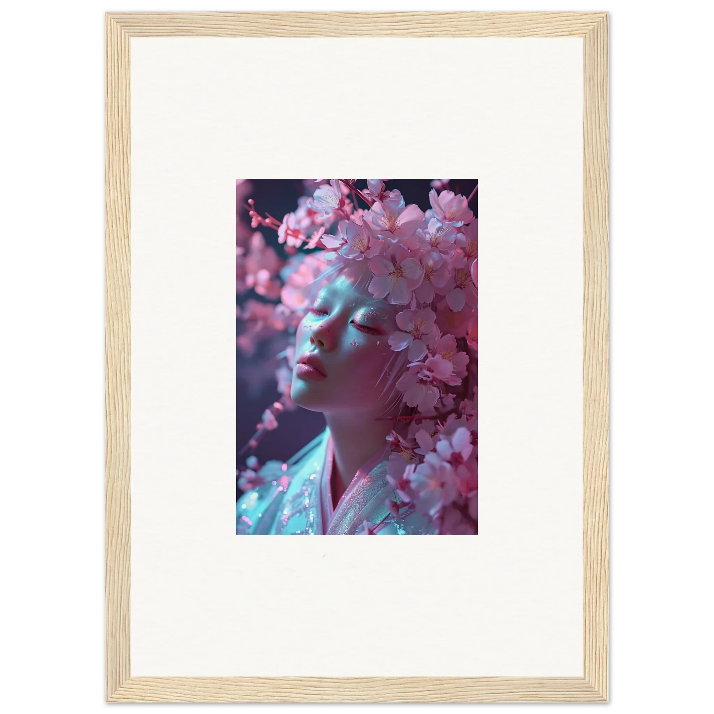 Framed canvas print of cherry blossoms and a profile, perfect room decoration