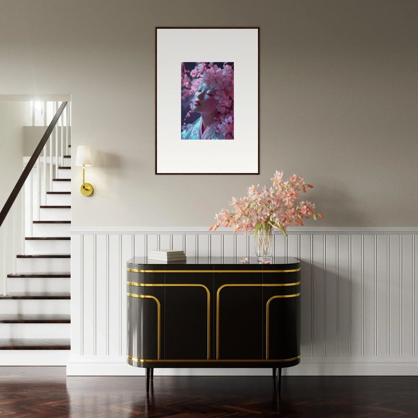 Elegant black sideboard with gold trim perfect for room decoration and complements Blossoms Vulgarity