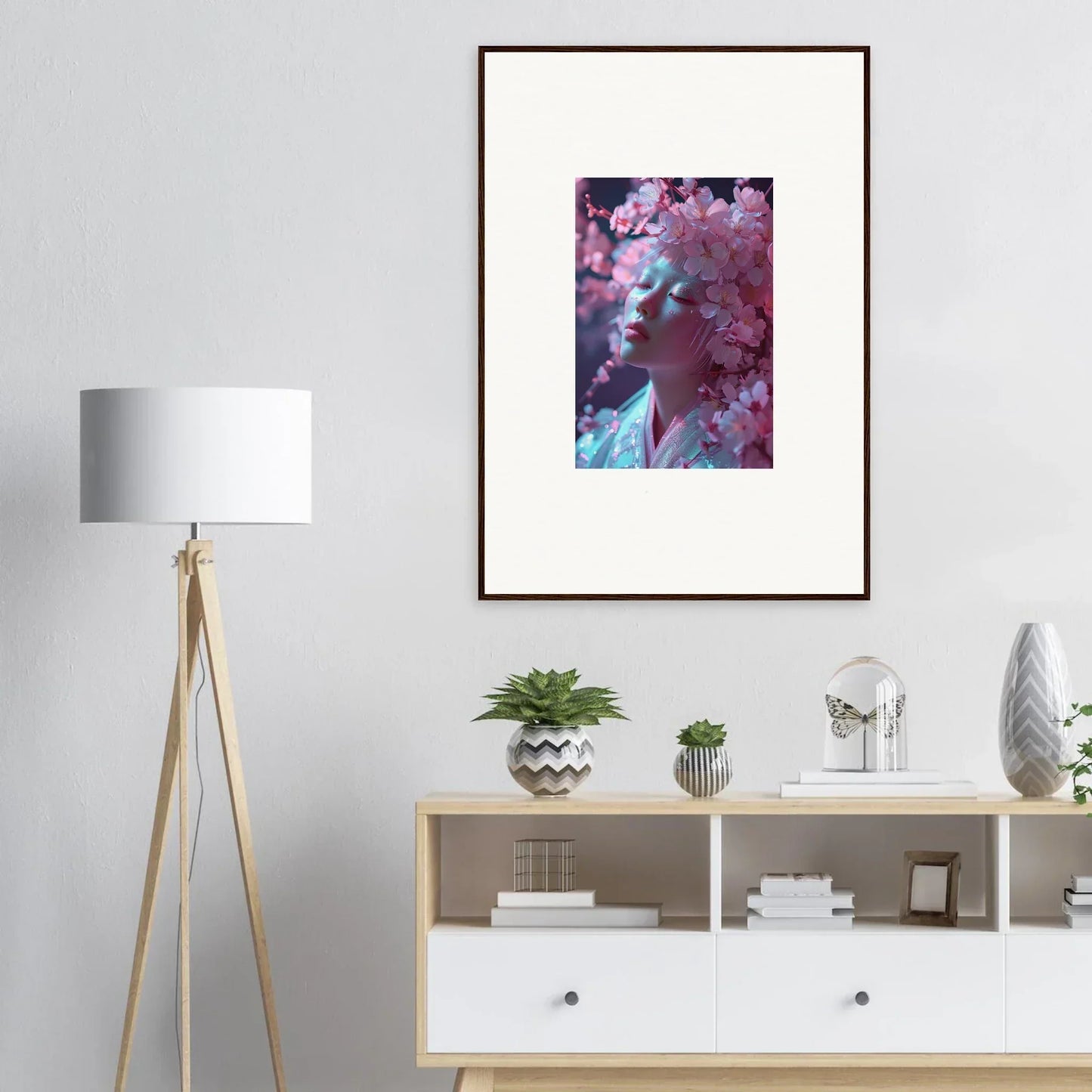 Framed canvas print of a portrait with pink blossoms vulgarity for room decoration