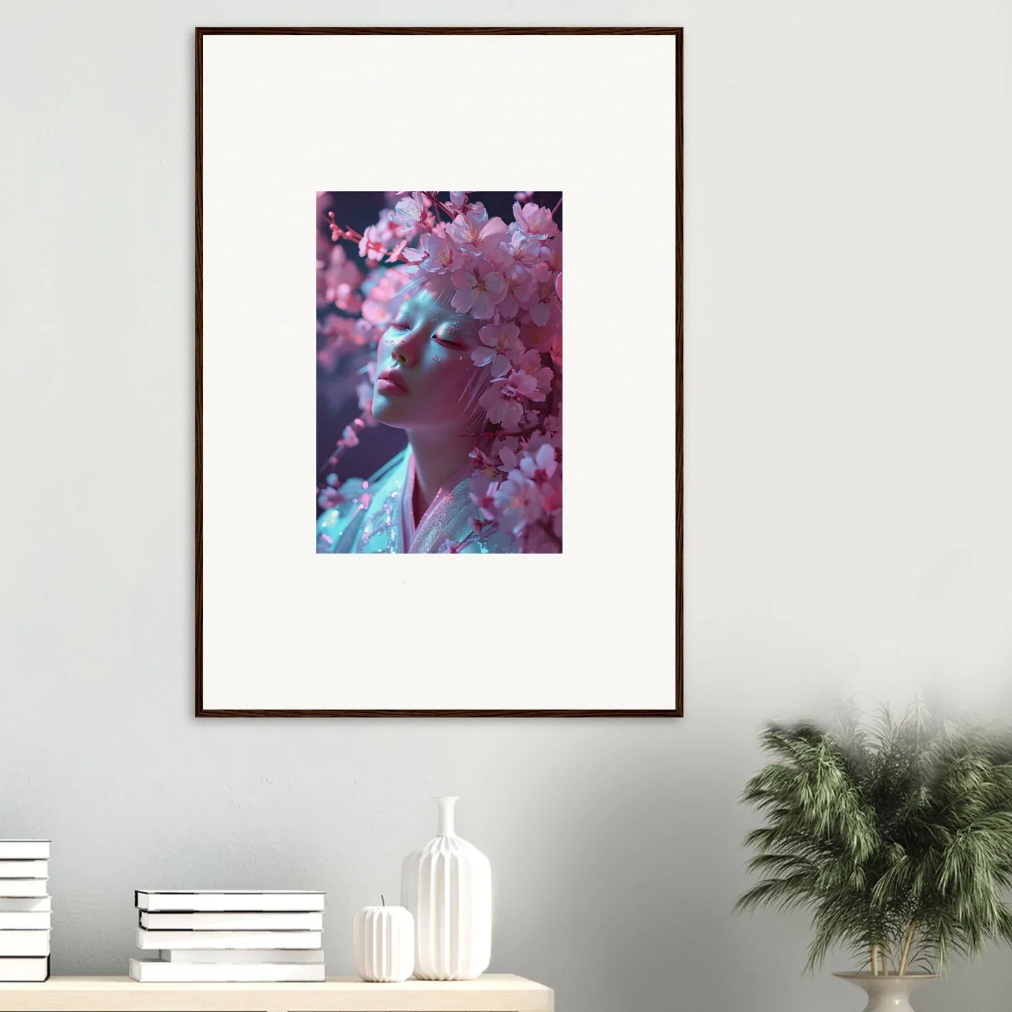 Framed canvas print of dreamy portrait with cherry blossoms for room decoration
