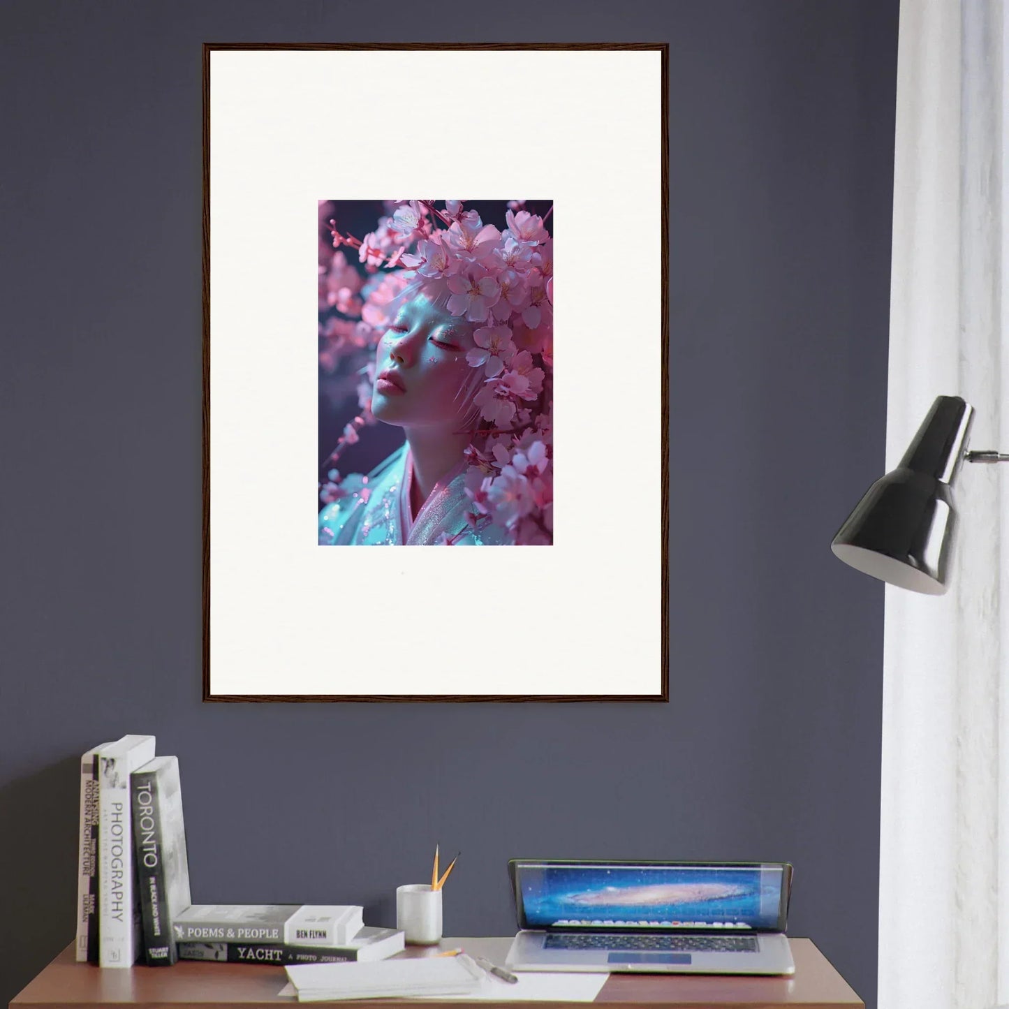 Framed canvas print of a portrait surrounded by pink blossoms vulgarity for room decoration