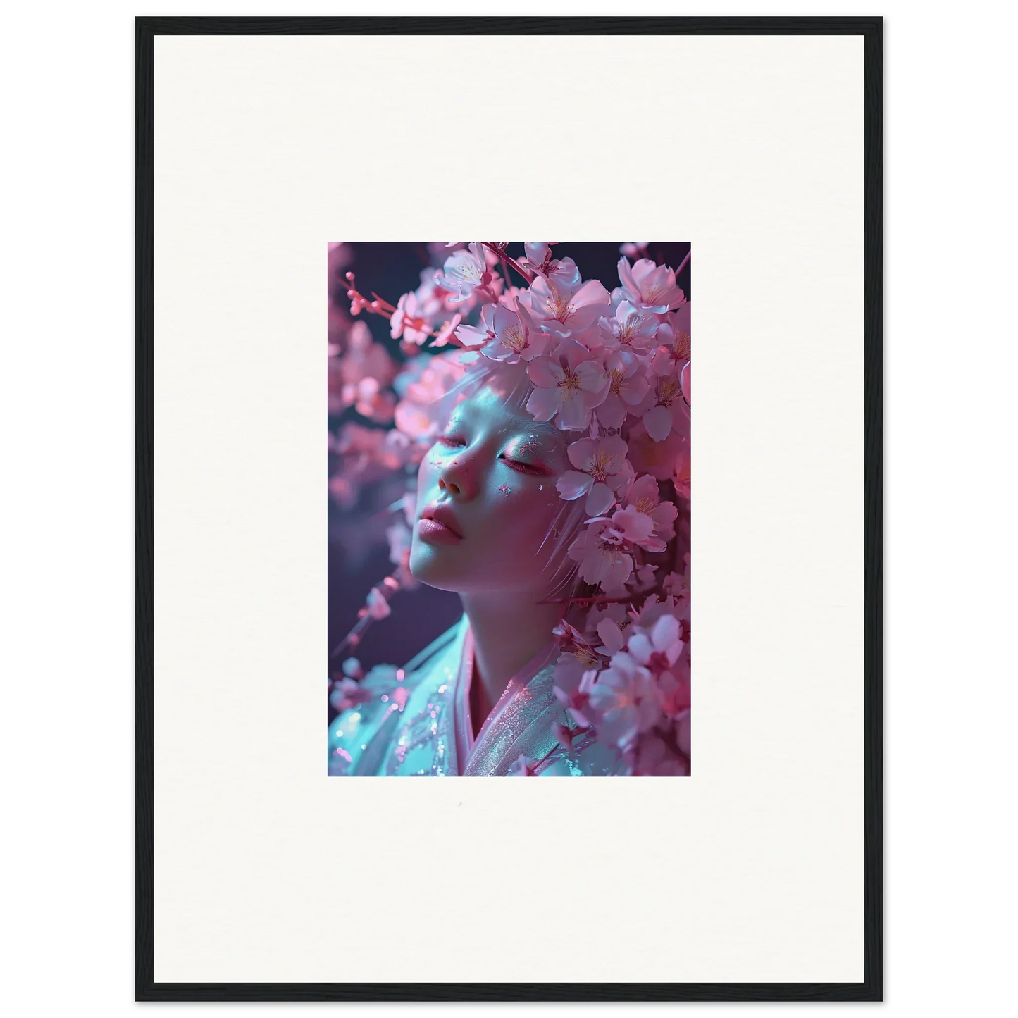Framed canvas print of a profile surrounded by cherry blossoms for room decoration