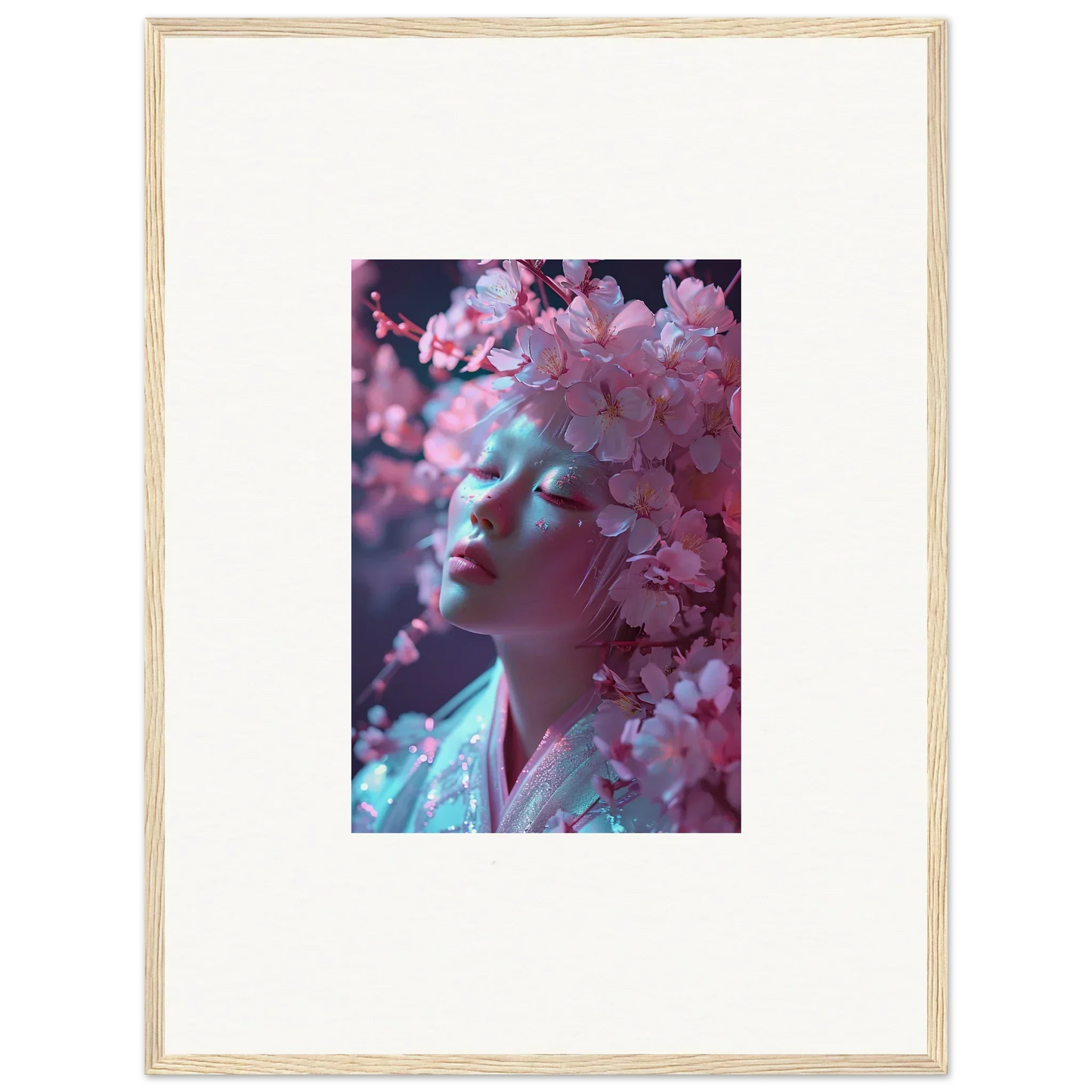 Framed canvas print of a person amid pink blossoms vulgarity for room decoration