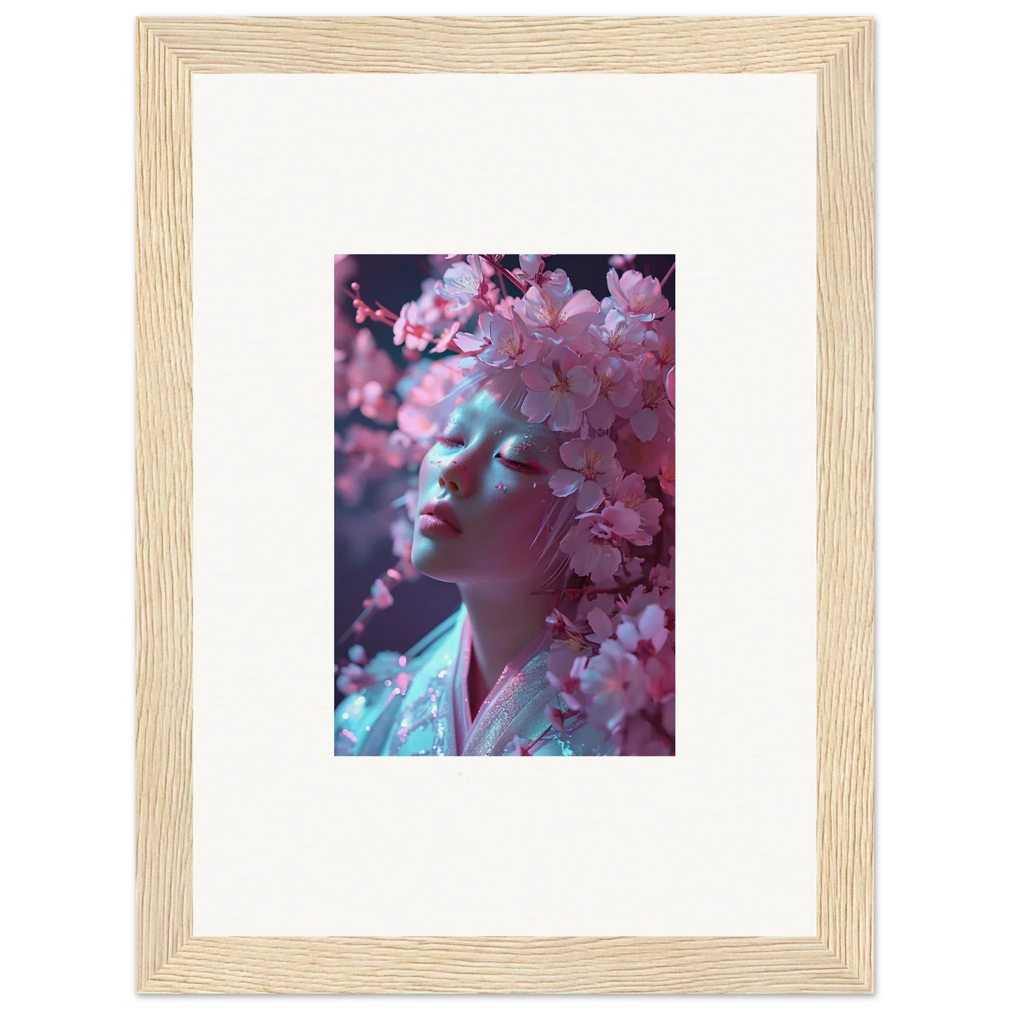 Framed photograph of cherry blossoms in a silhouetted profile for room decoration