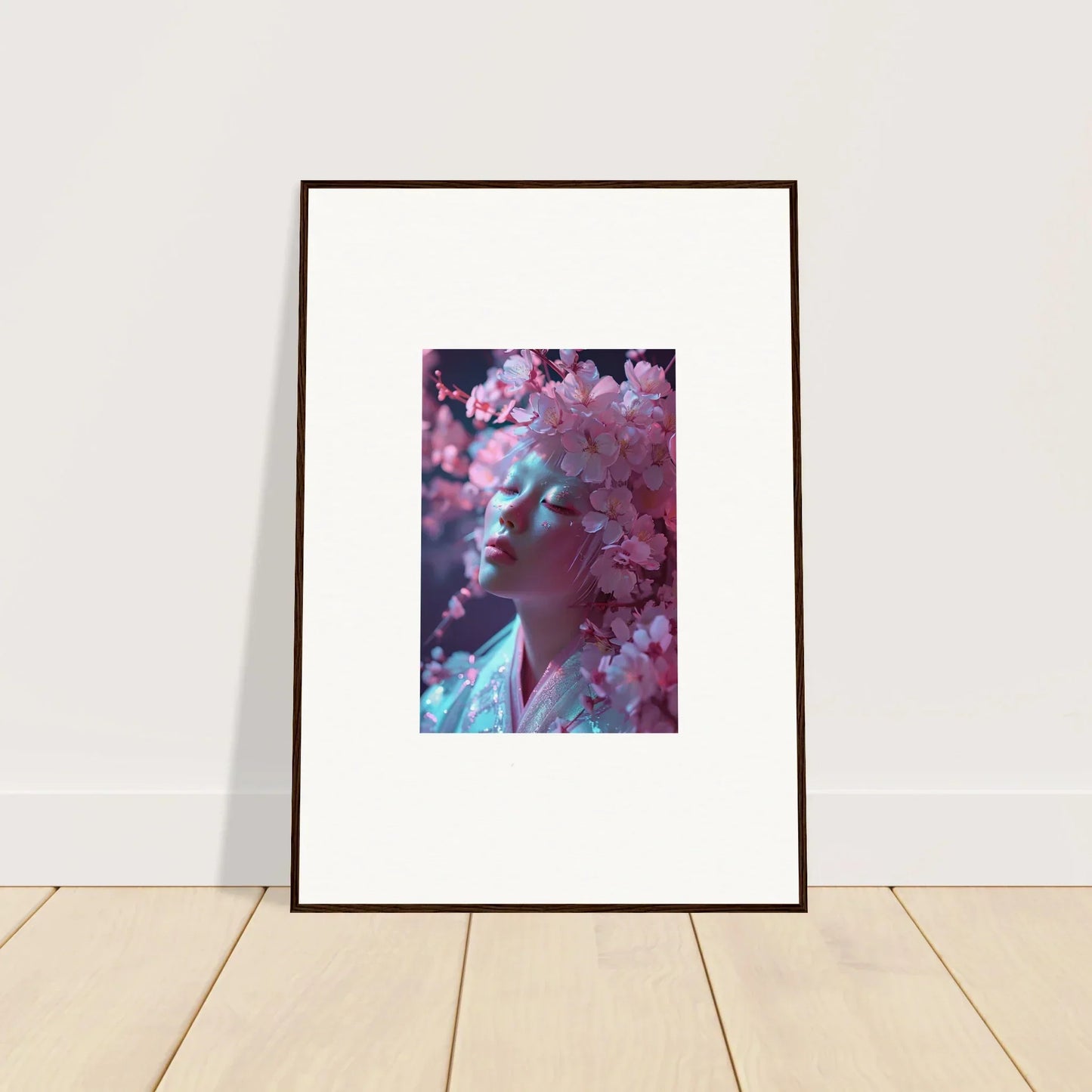 Framed canvas print of a figure with pink blossoms vulgarity for stylish room decoration