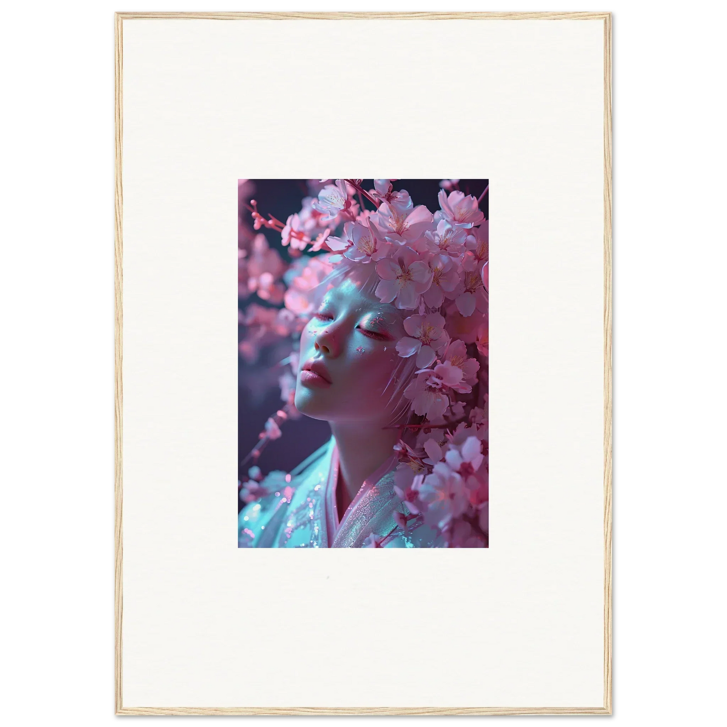 Framed canvas print of pink cherry blossoms for room decoration vibes