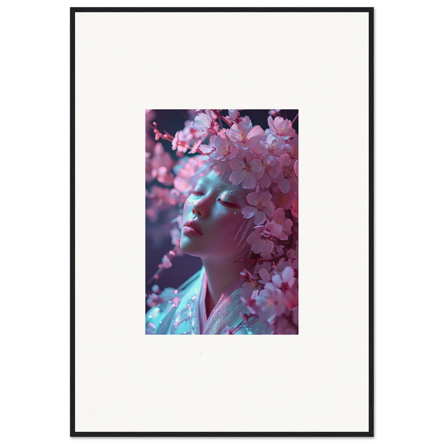 Framed canvas print of a profile with pink blossoms vulgarity for room decoration