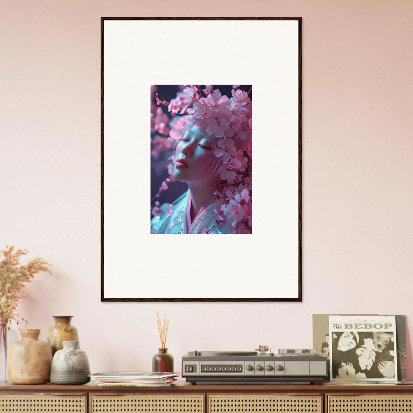 Framed photograph of a person with cherry blossoms for stylish room decoration