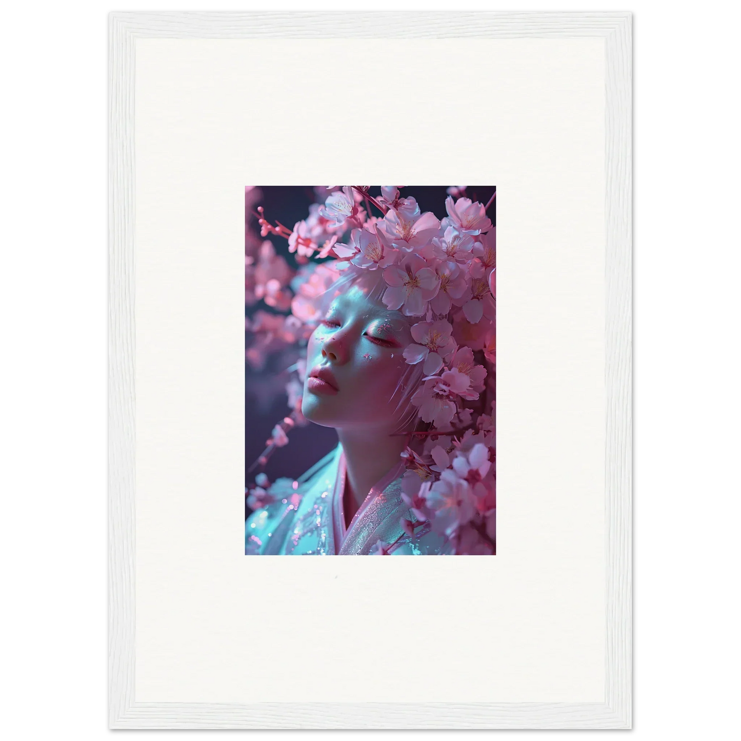 Framed photograph of a person with pink blossoms vulgarity for stylish room decoration