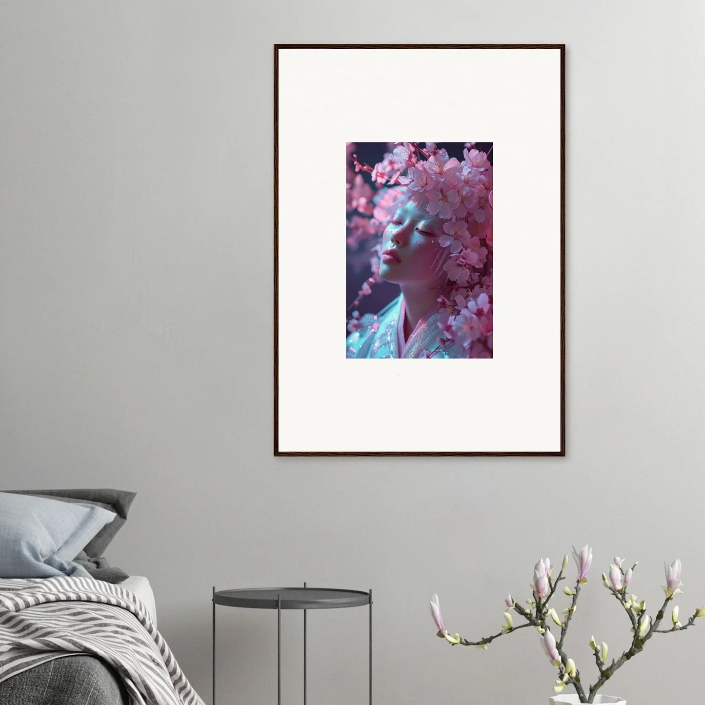 Framed canvas print of pink cherry blossoms for a soothing room decoration