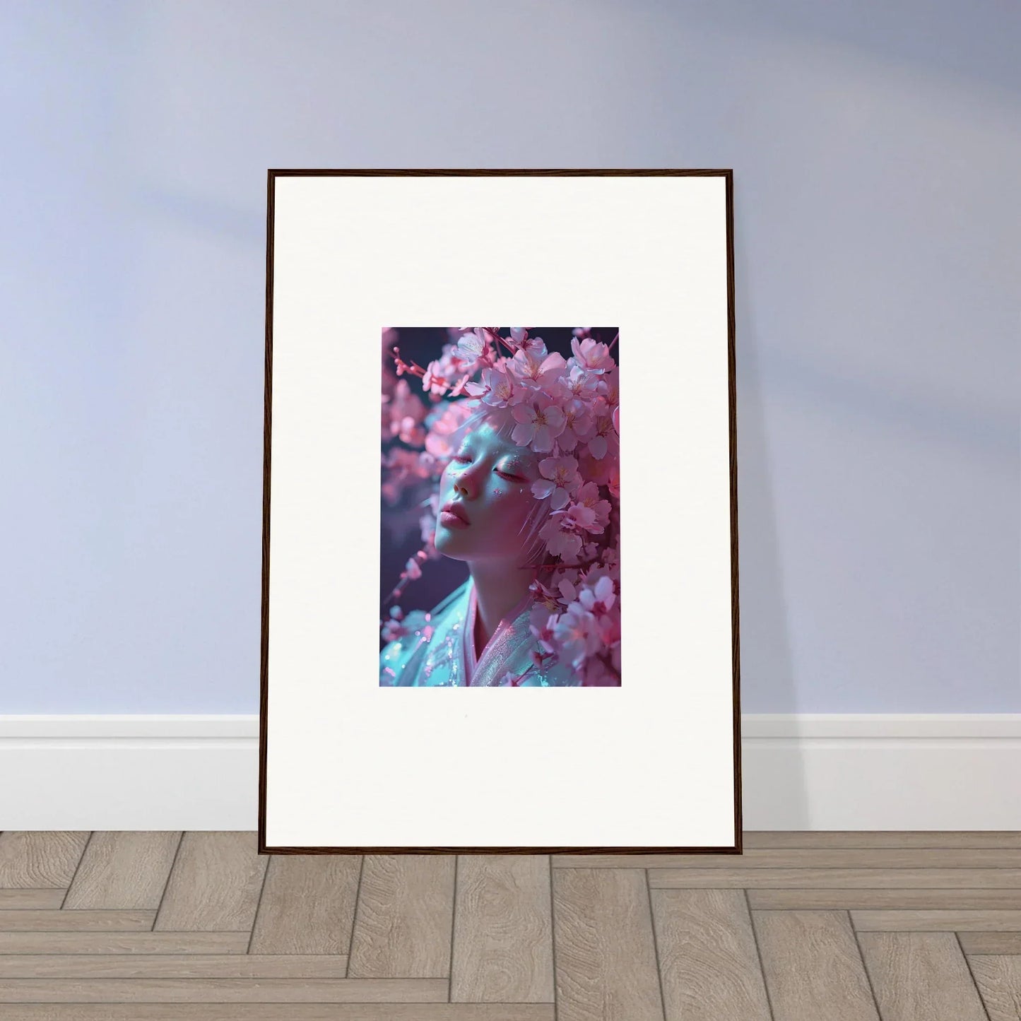 Framed canvas print of a figure with pink blossoms vulgarity for stylish room decoration