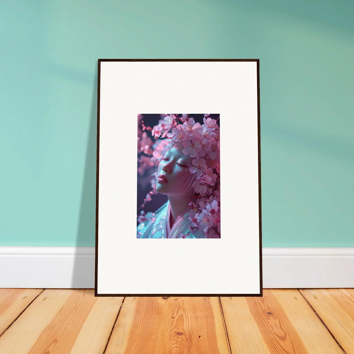 Framed canvas print of a portrait with pink blossoms vulgarity for stylish room decoration