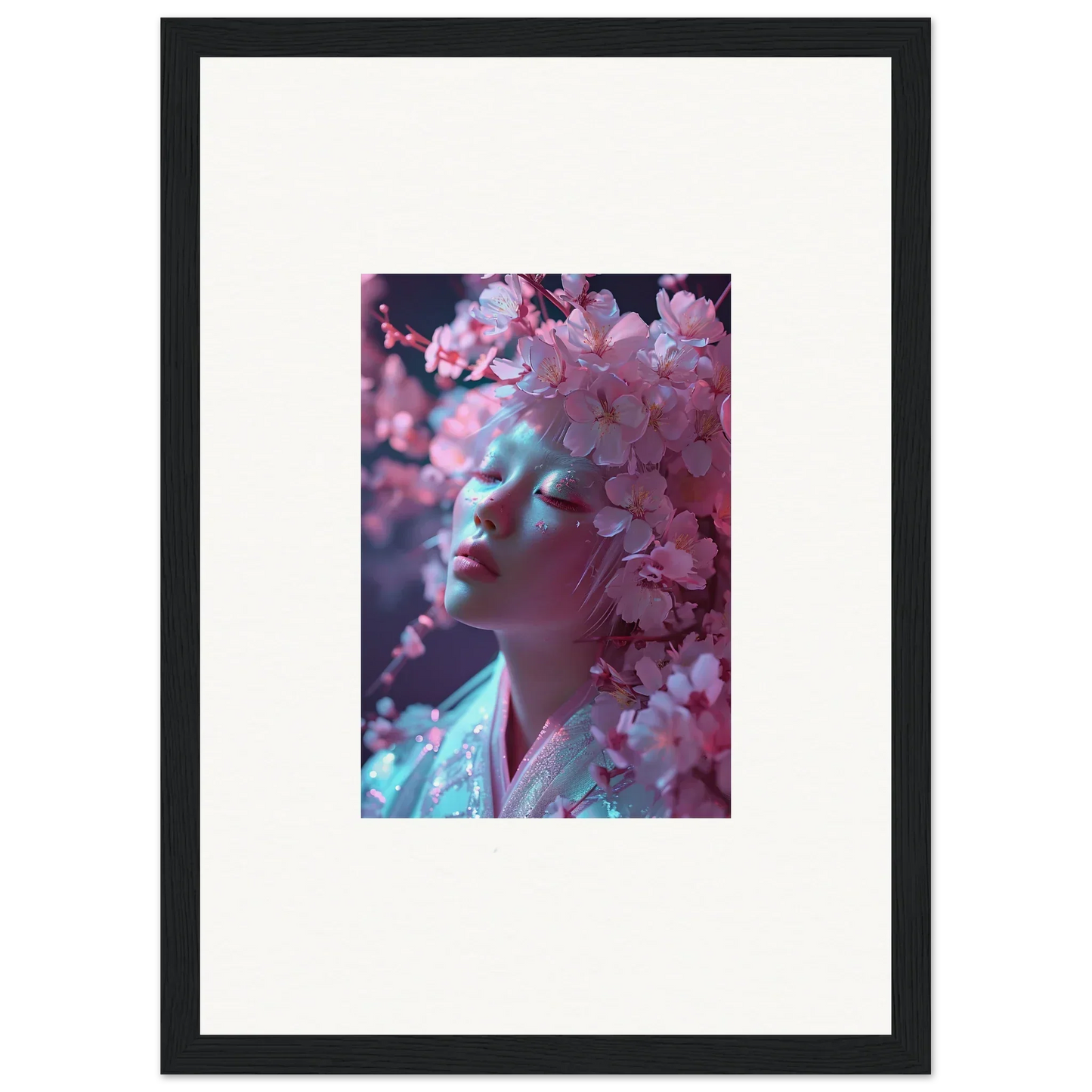 Framed photograph of a person among pink cherry blossoms for room decoration