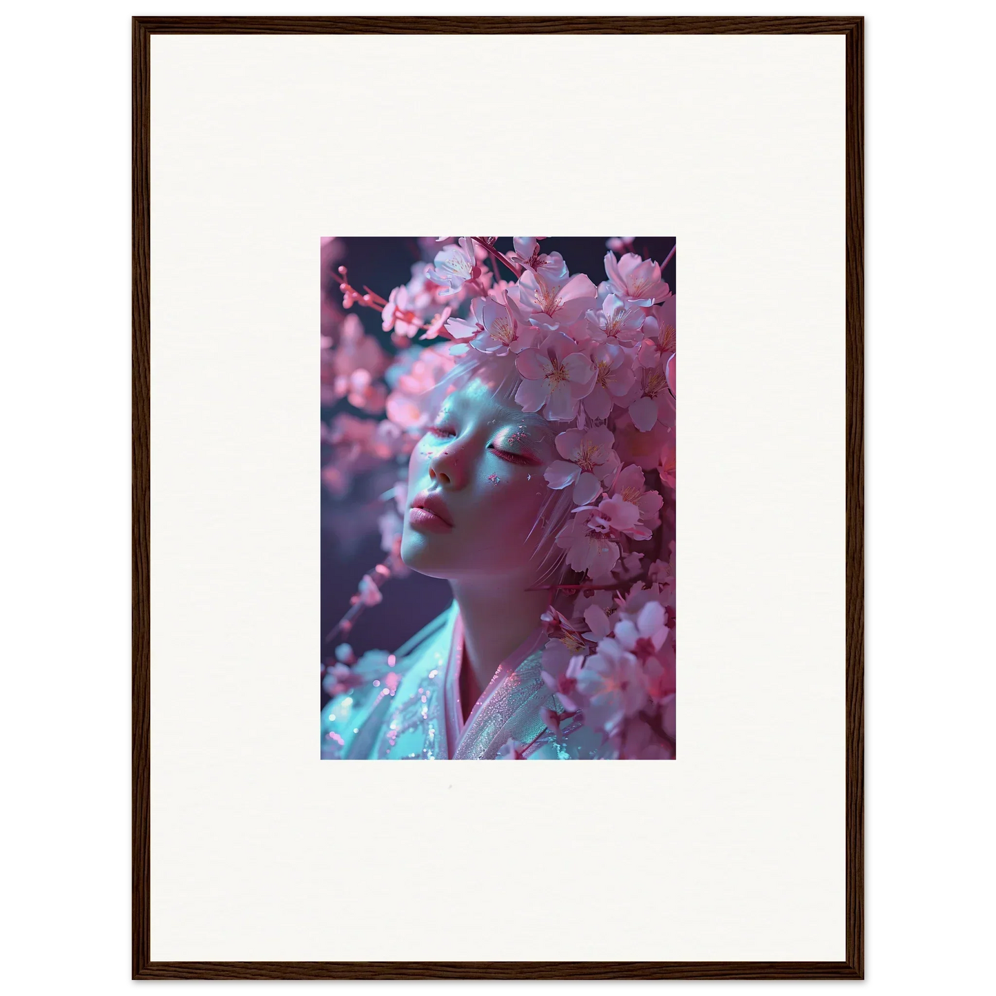 Framed canvas print of a profile amid pink cherry blossoms for stylish room decoration