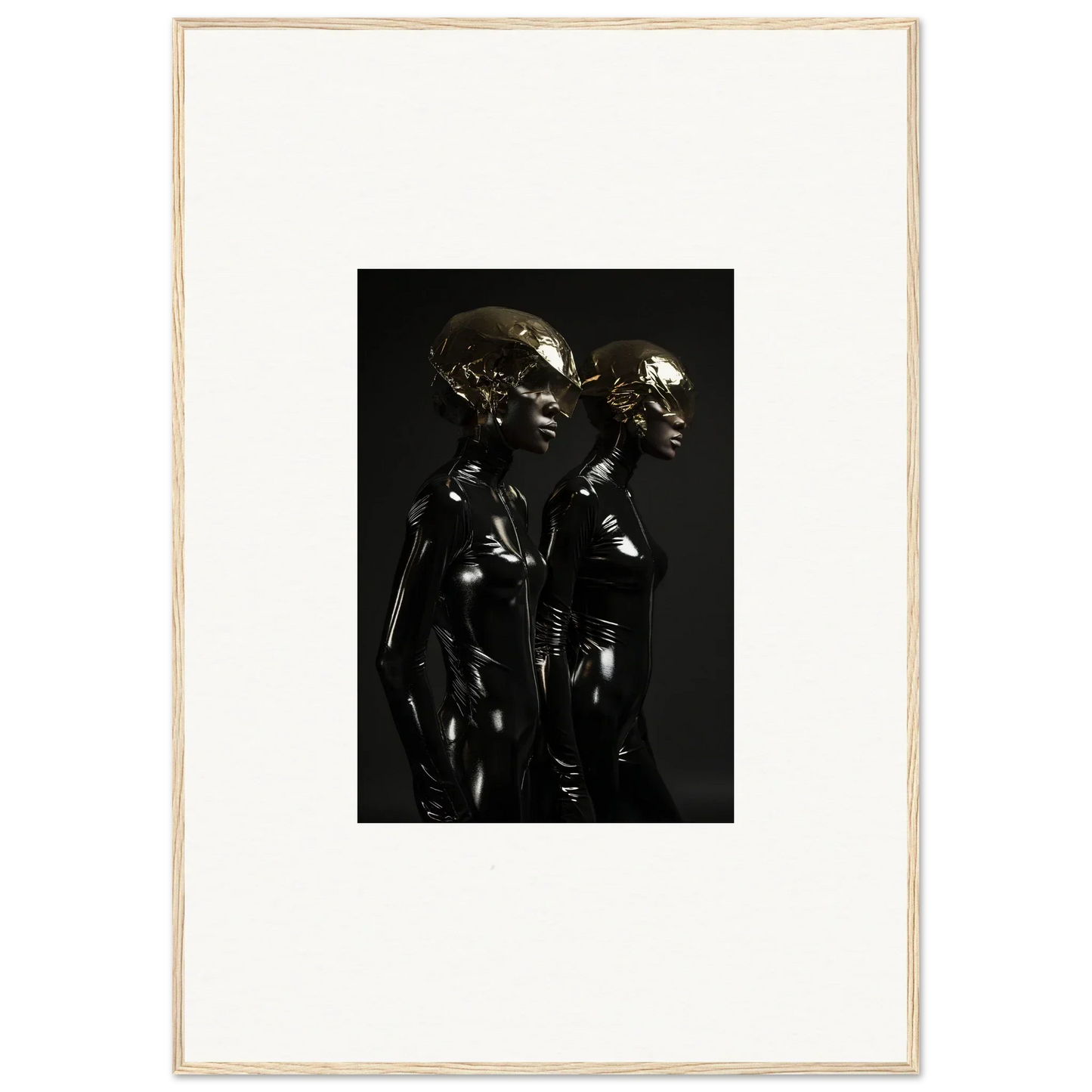 Dark metallic sculpture depicting two stylized humanoid figures standing close together.