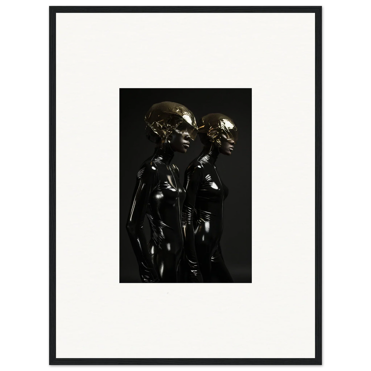 Bronze sculpture depicting two elongated humanoid figures standing side by side.