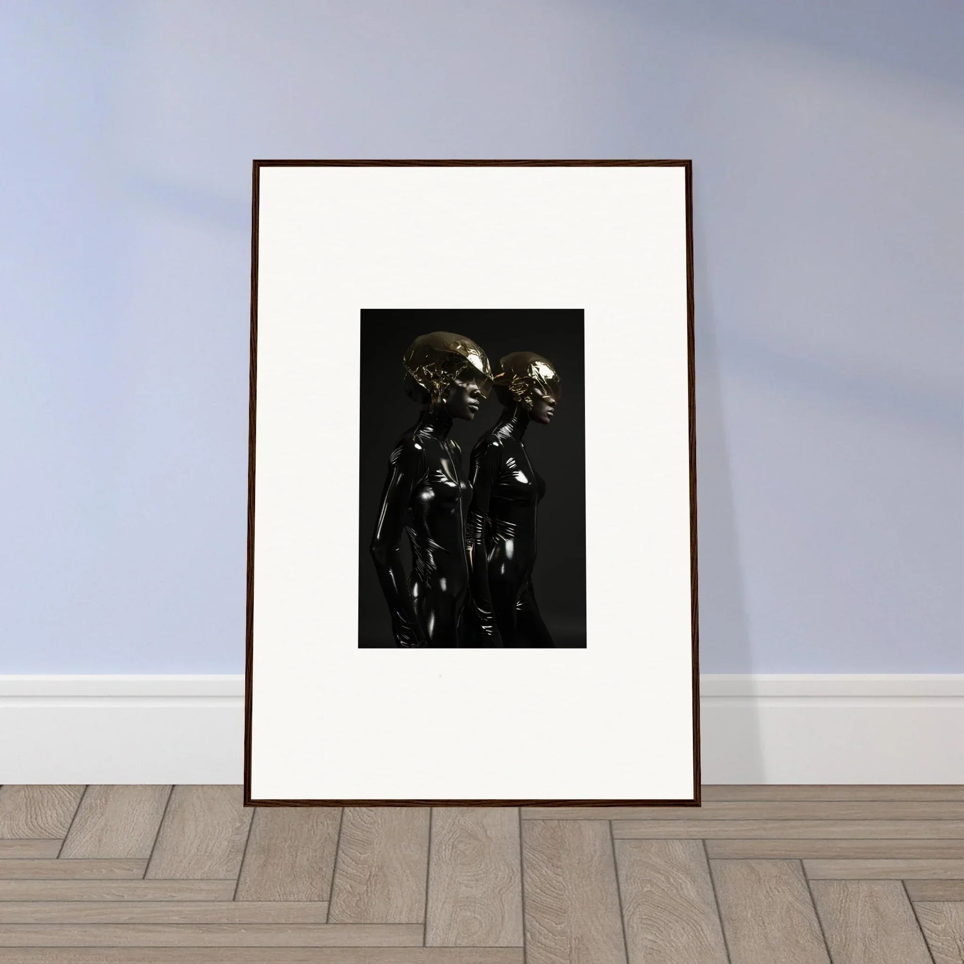 Framed black and white photograph depicting shadowy figures.