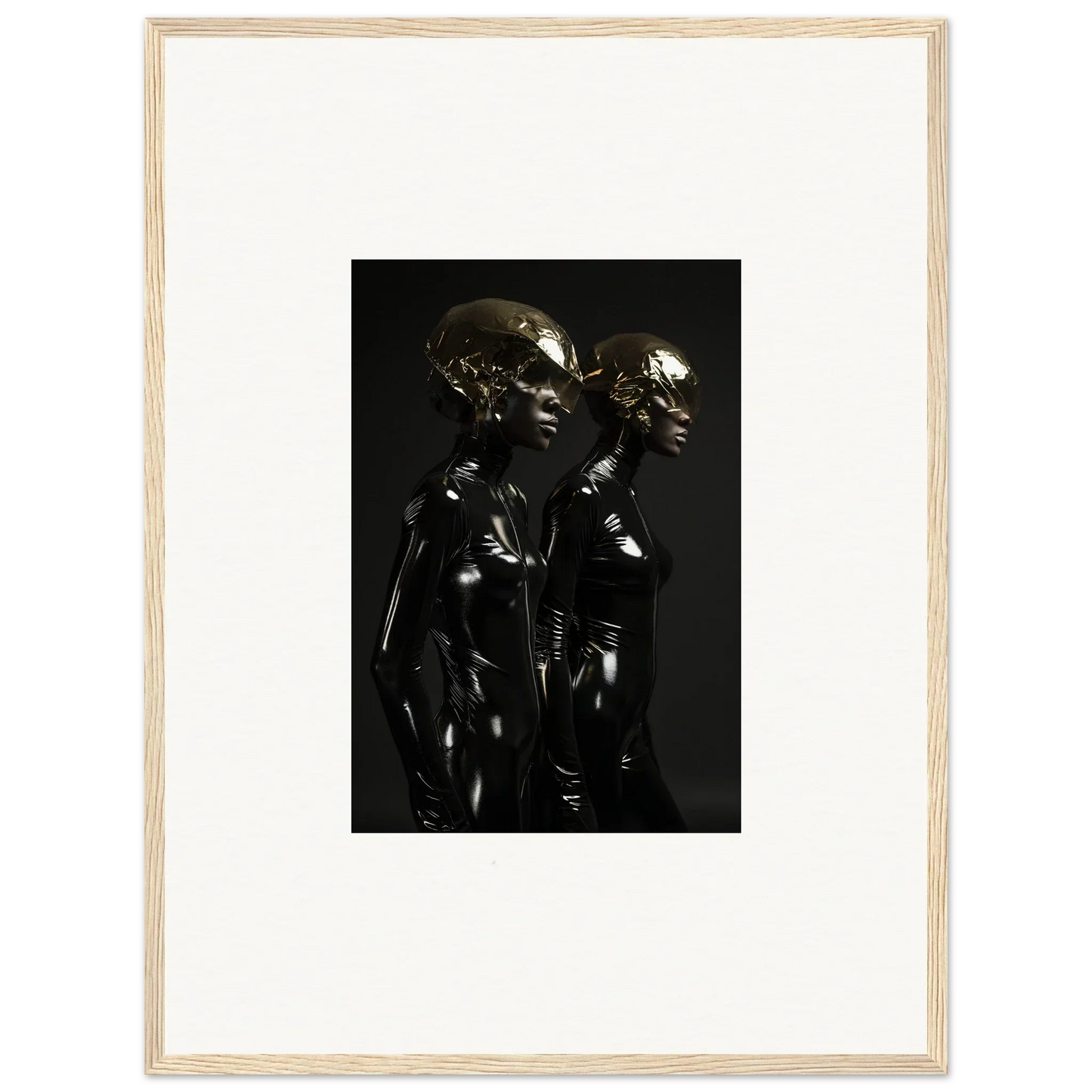 Dark metallic sculpture depicting two humanoid figures standing close together.