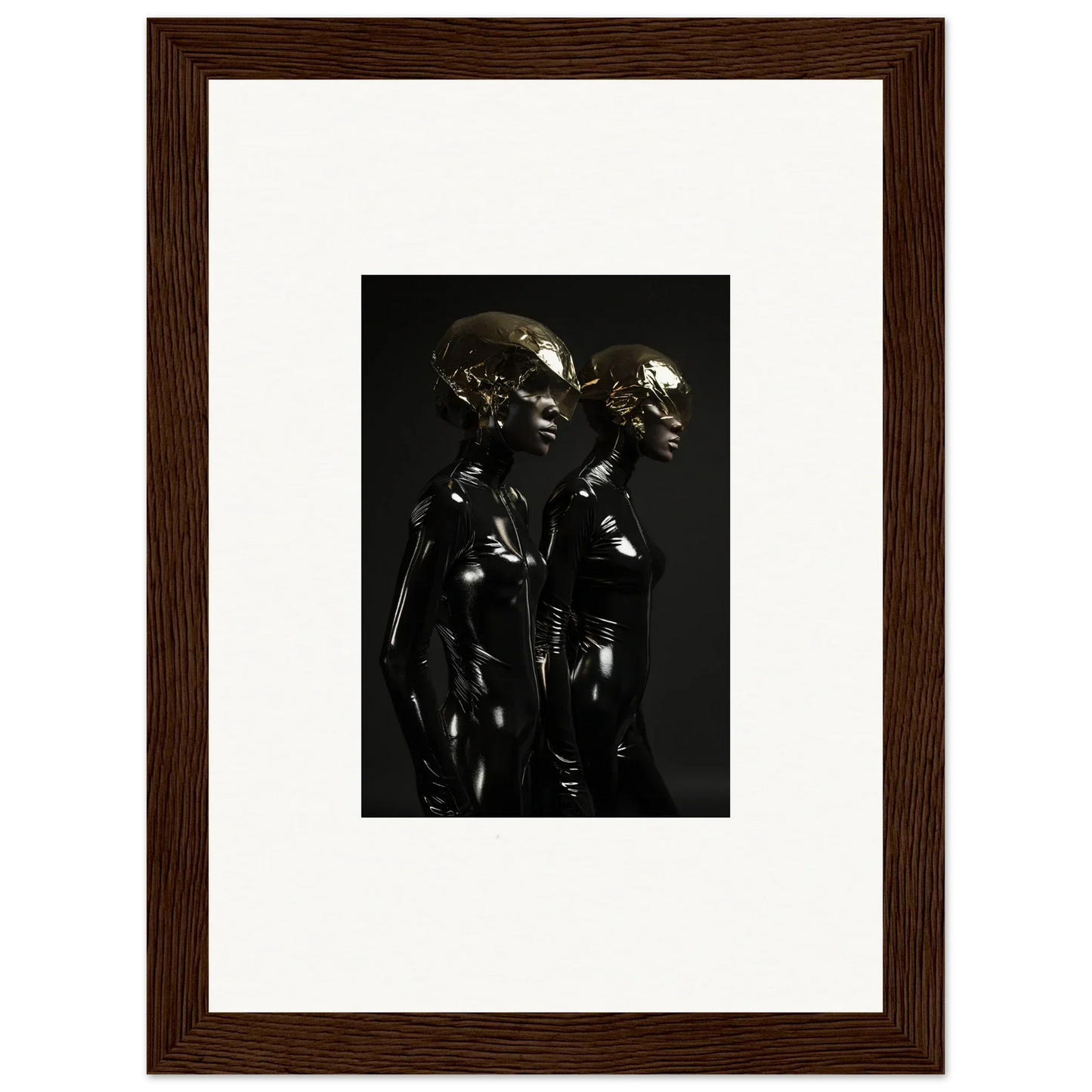 Framed photograph of two metallic humanoid figures with round, helmet-like heads.