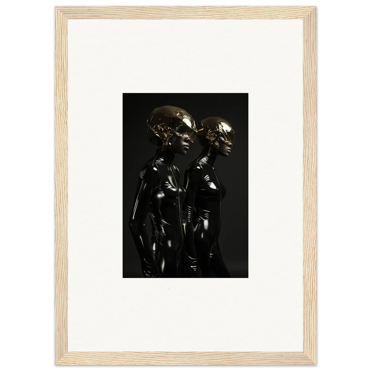 Dark metallic sculpture of two humanoid figures standing close together.