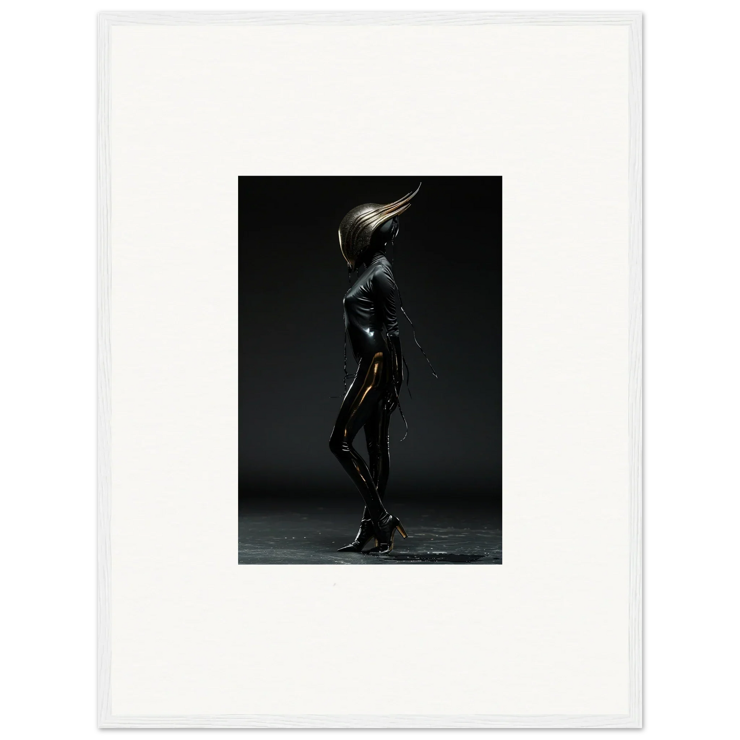 Metallic humanoid sculpture with an elongated, pointed head in a dramatic pose.