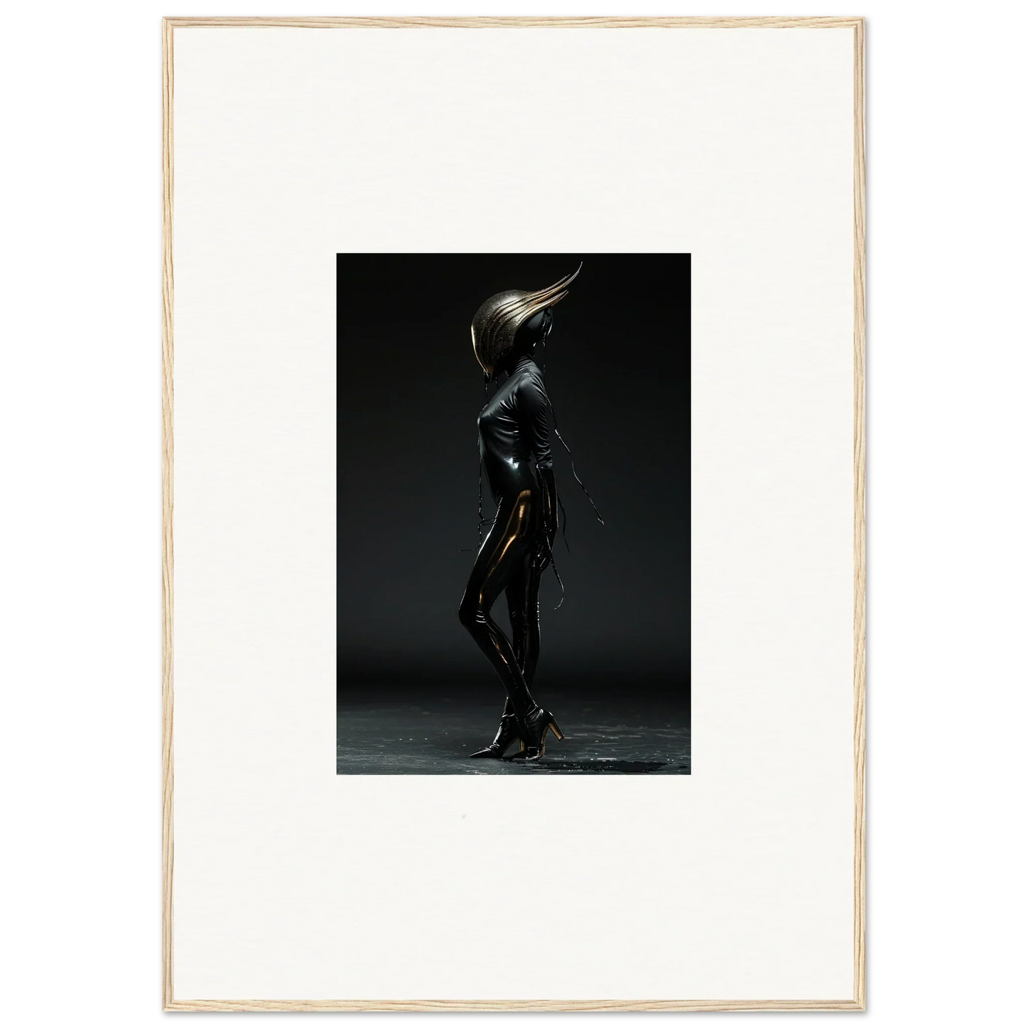 Sleek, futuristic humanoid figure in a shiny black bodysuit with an elongated, pointed head.