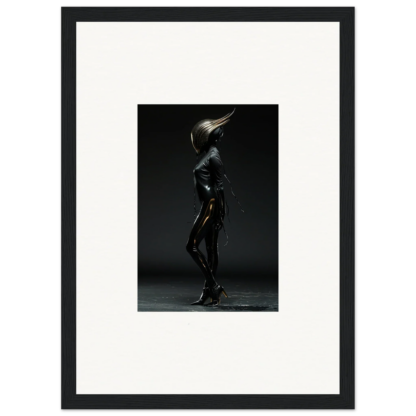 Futuristic humanoid figure with a metallic, pointed head in a sleek, dark bodysuit.