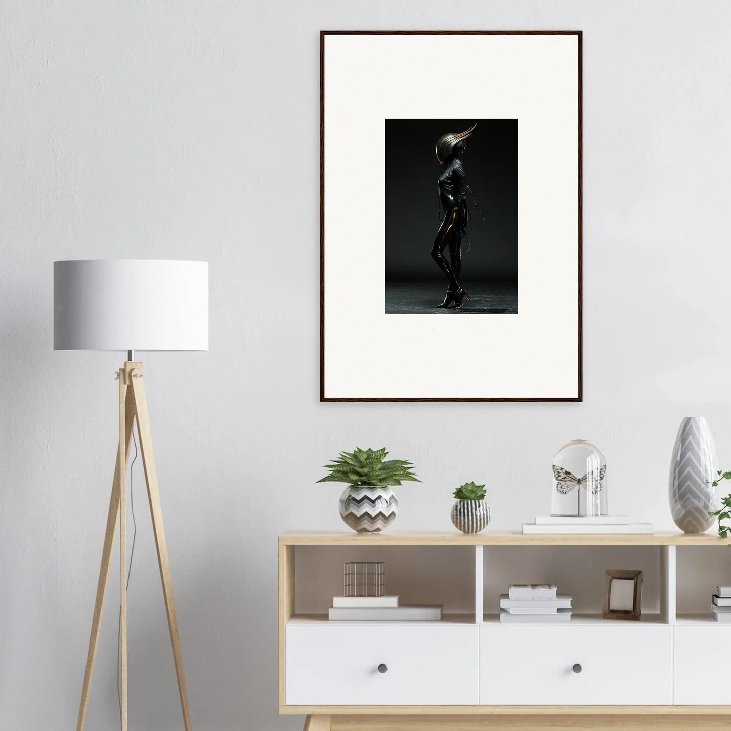 Framed black and white photograph of a silhouetted figure in motion.