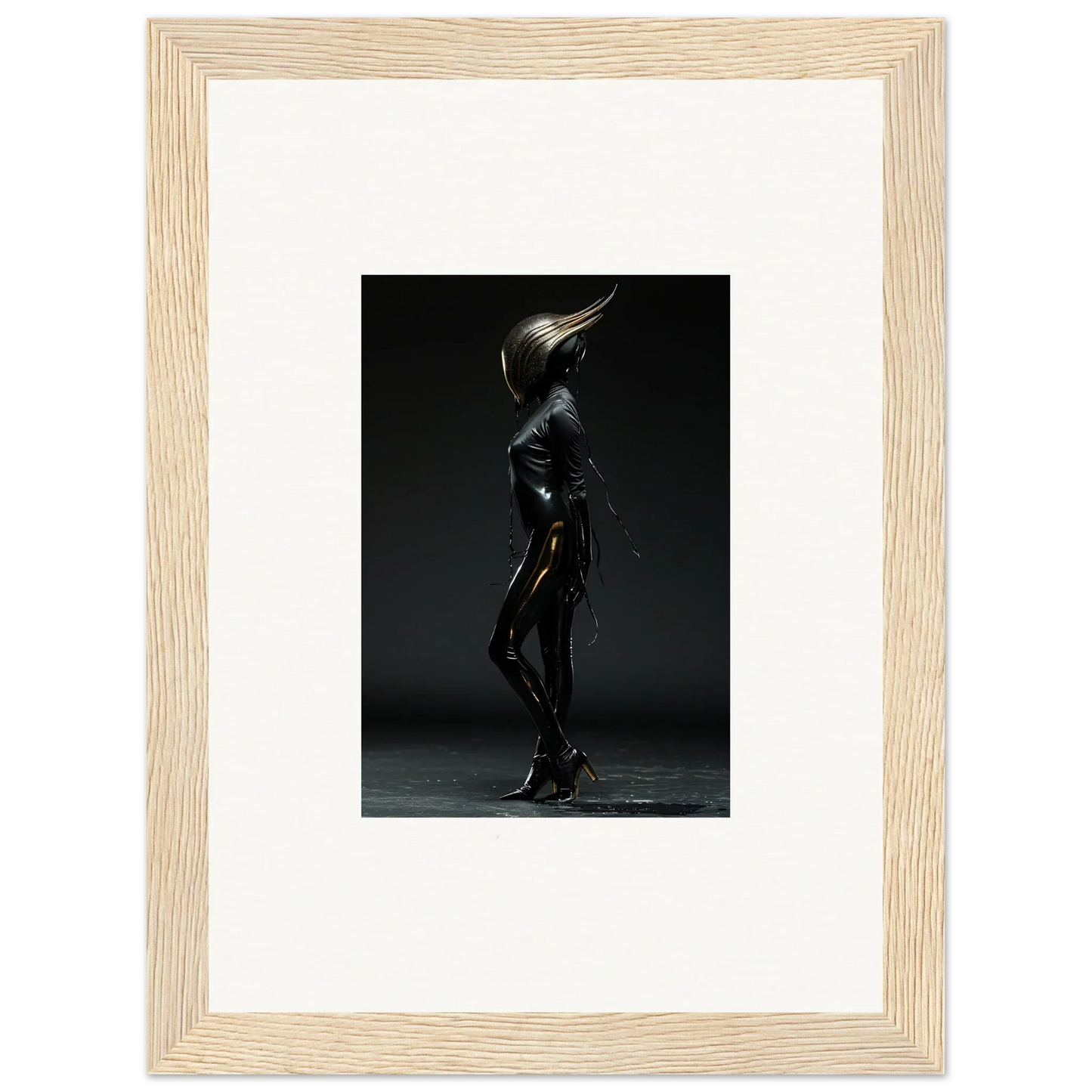 Futuristic humanoid figure in a sleek black bodysuit with a pointed metallic helmet.