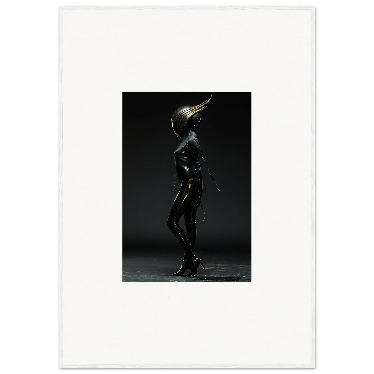 Sleek, futuristic humanoid figure in a shiny black bodysuit with an elongated, pointed head.