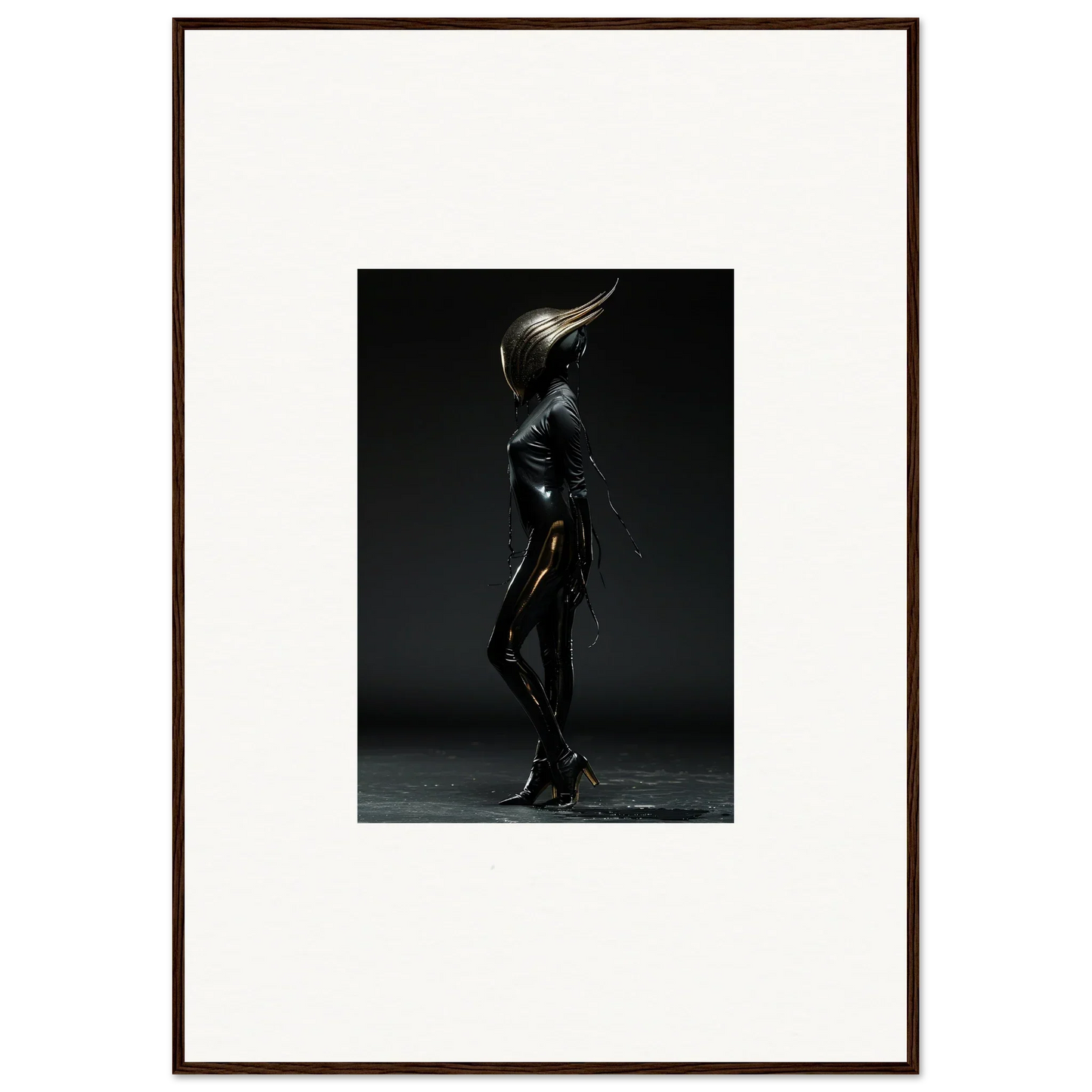 Sleek, futuristic humanoid figure in a shiny black bodysuit and pointed helmet.
