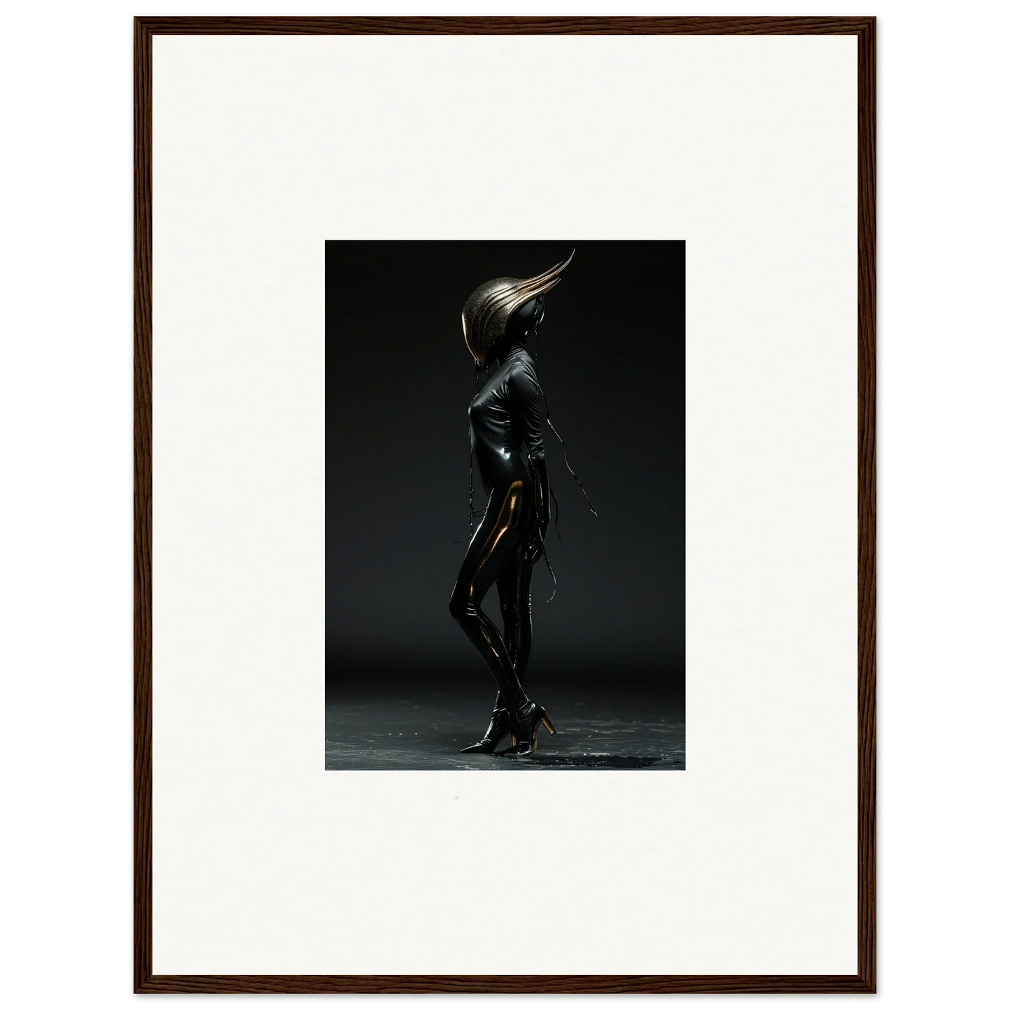 Metallic humanoid sculpture with an elongated, pointed head in a dynamic pose.