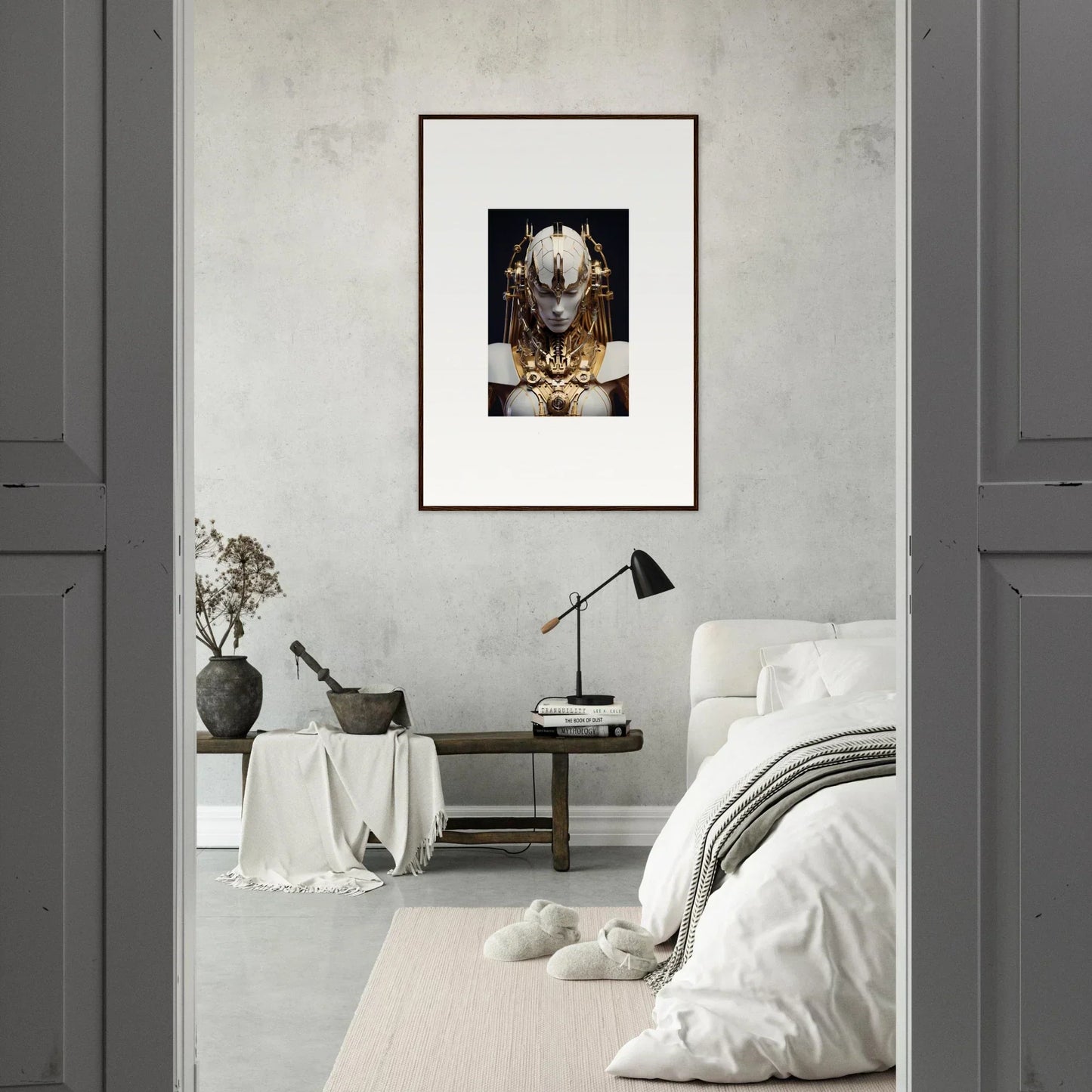 Framed canvas print of a masked figure in gold, perfect for room decoration as a Wavelength Guardian