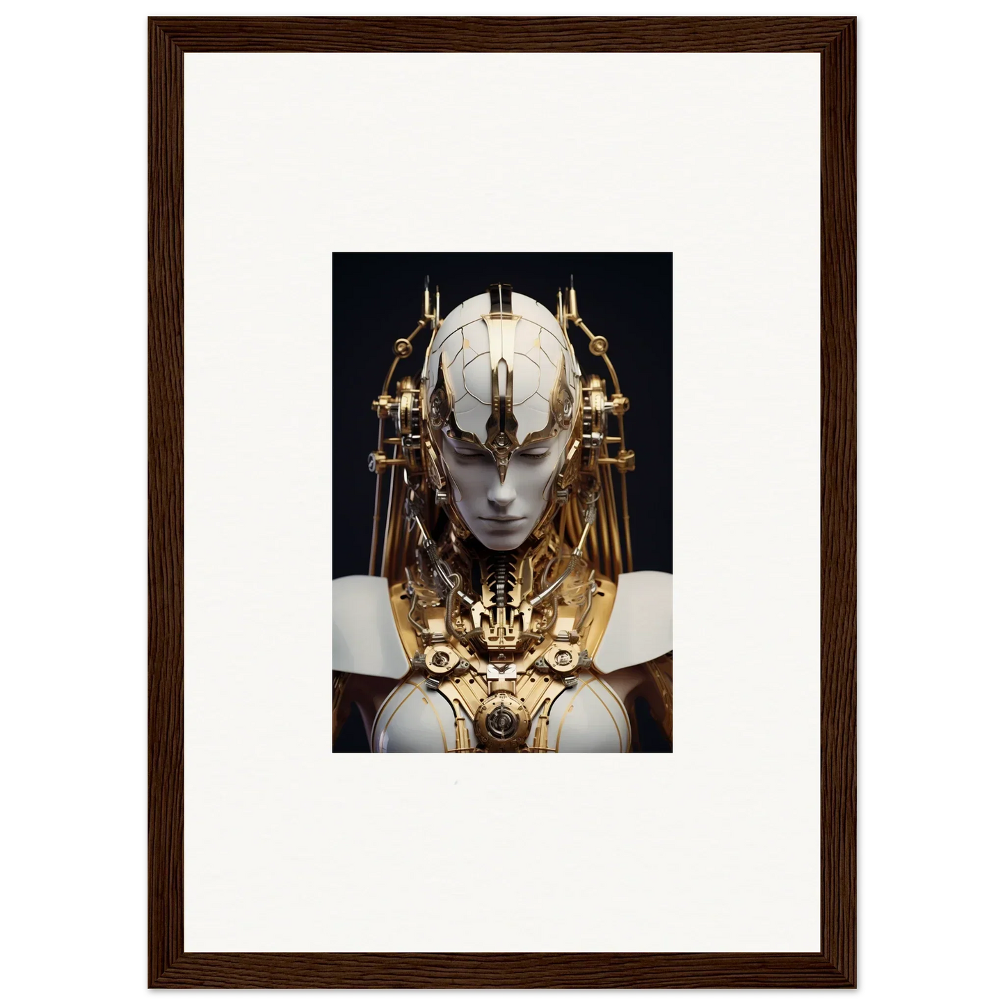 Ornate cyborg head with gold accents, perfect for a Wavelength Guardian canvas print