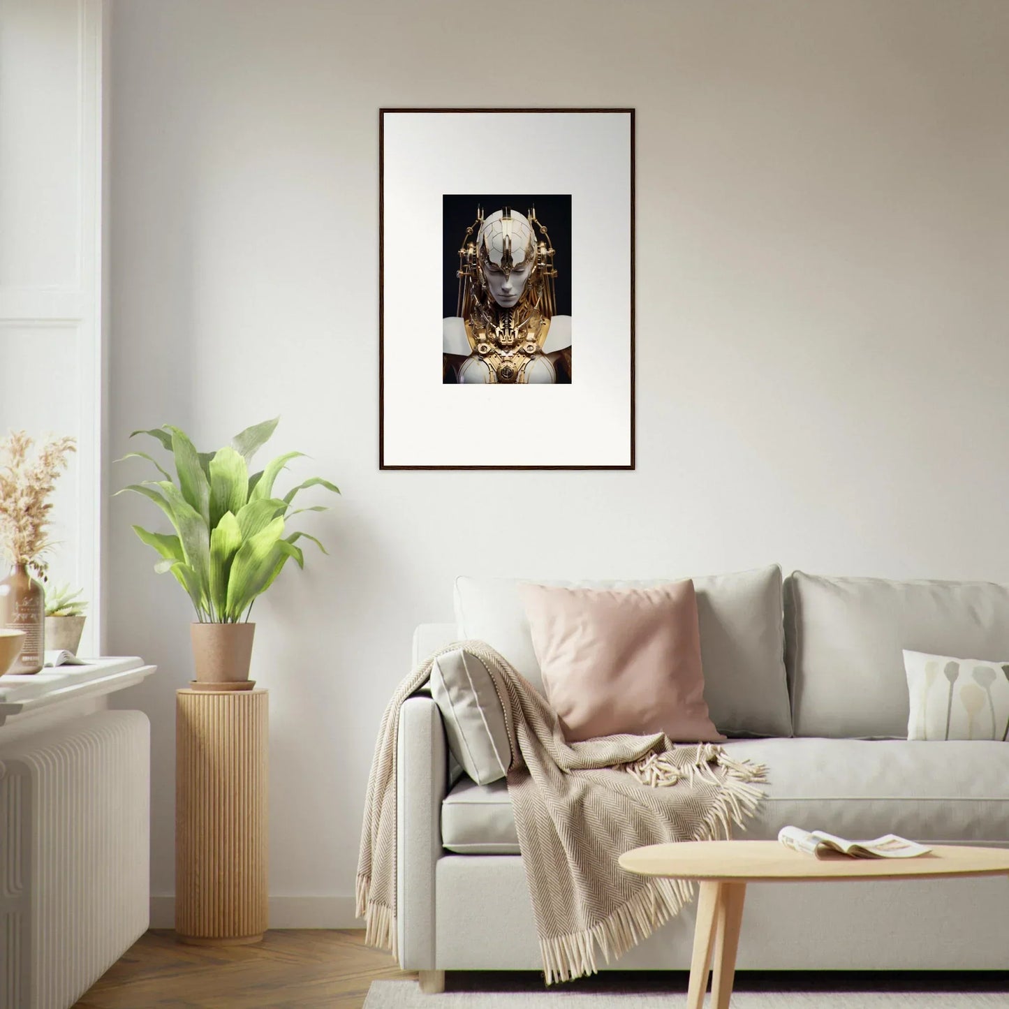 Framed canvas print of a skull with jewelry, perfect for unique room decoration