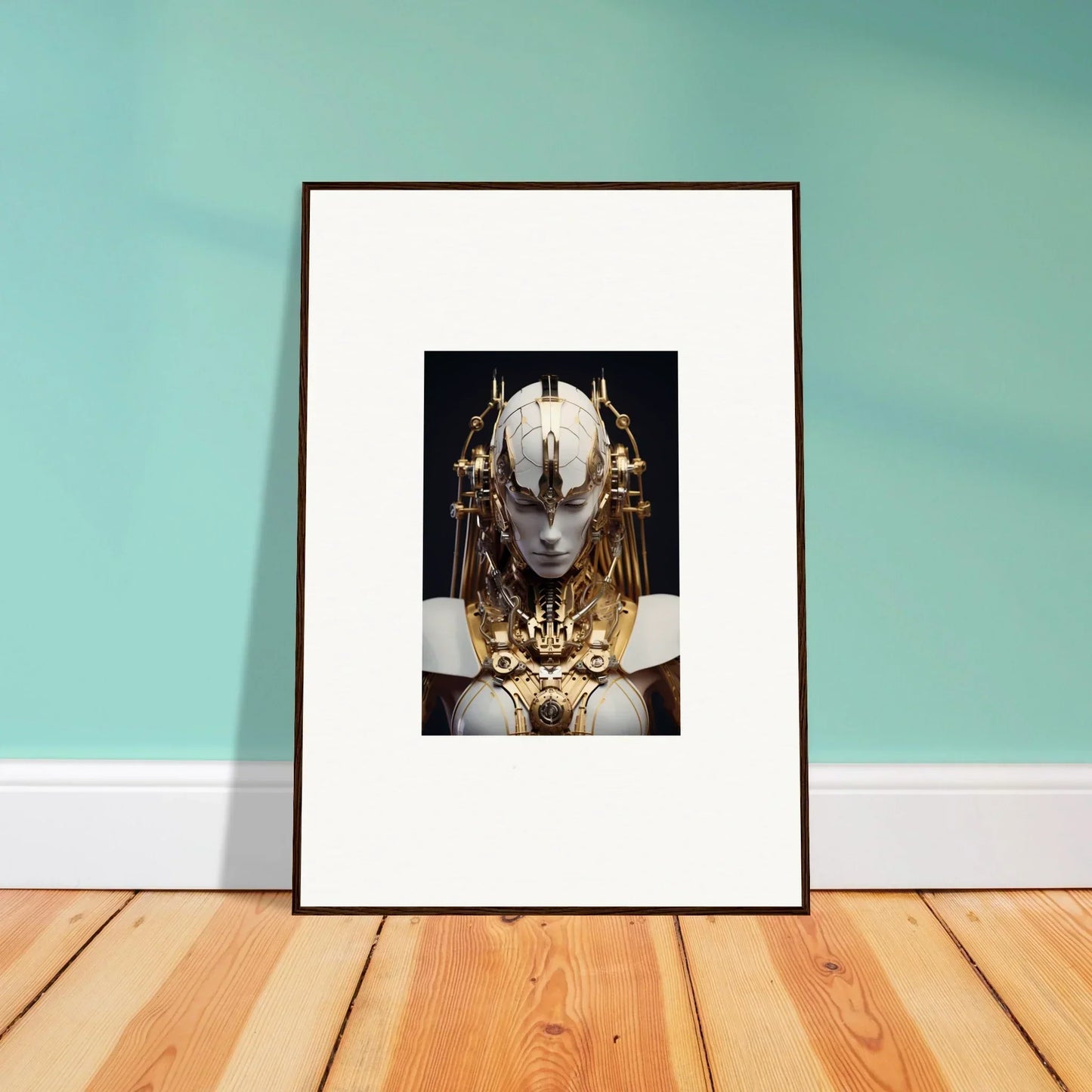 Framed canvas print of a futuristic Golden Wavelength Guardian for stylish room decoration