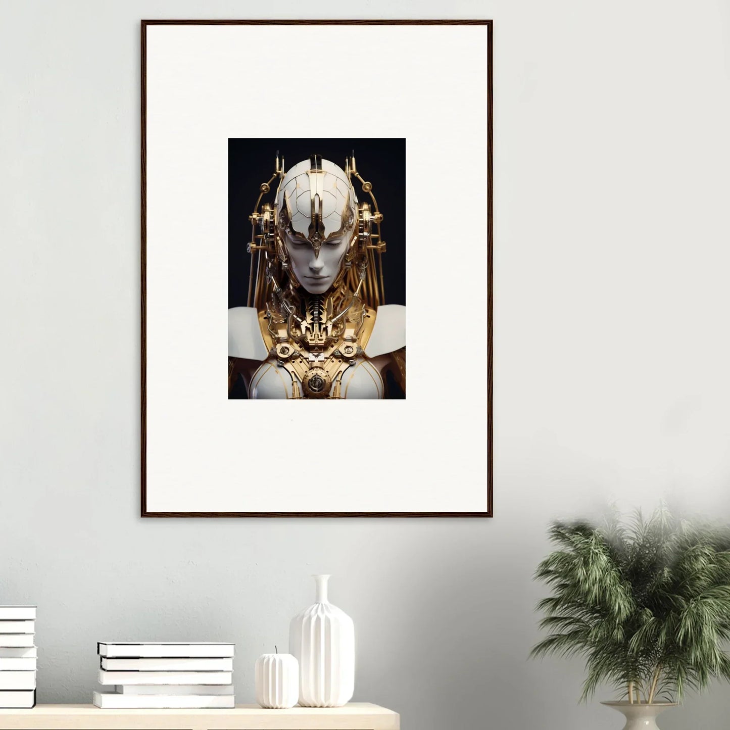 Futuristic robotic face artwork with gold accents for cool room decoration canvas print