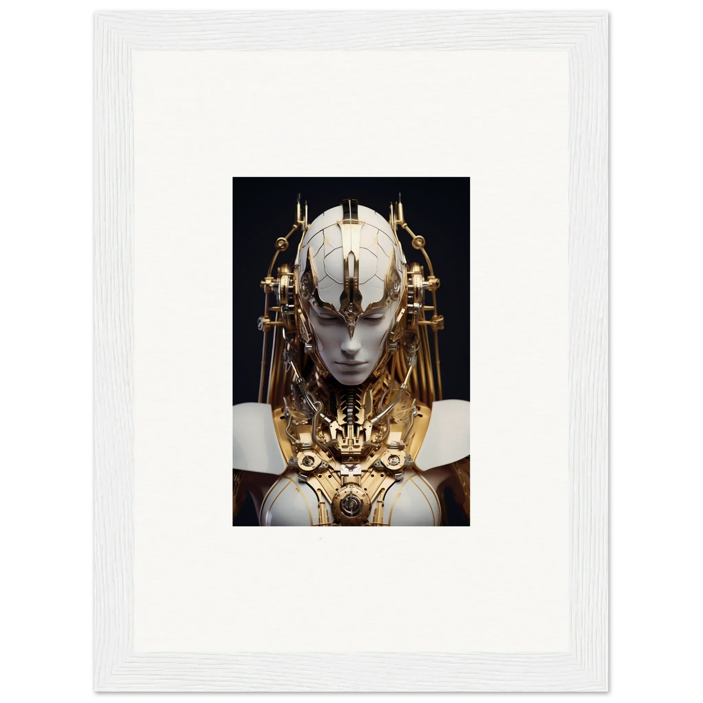 Ornate golden headdress on a pale face, perfect for a Wavelength Guardian canvas print