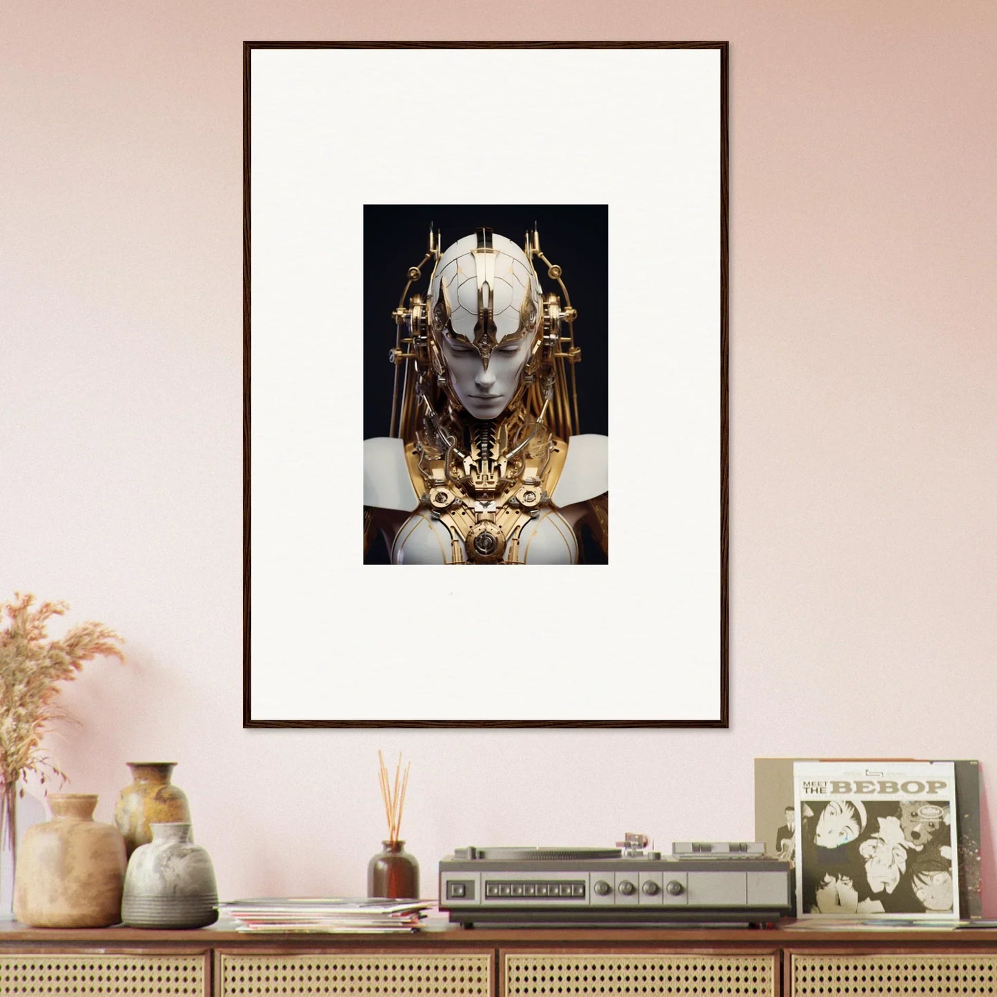 Framed canvas print of a figure with a golden headdress for unique room decoration